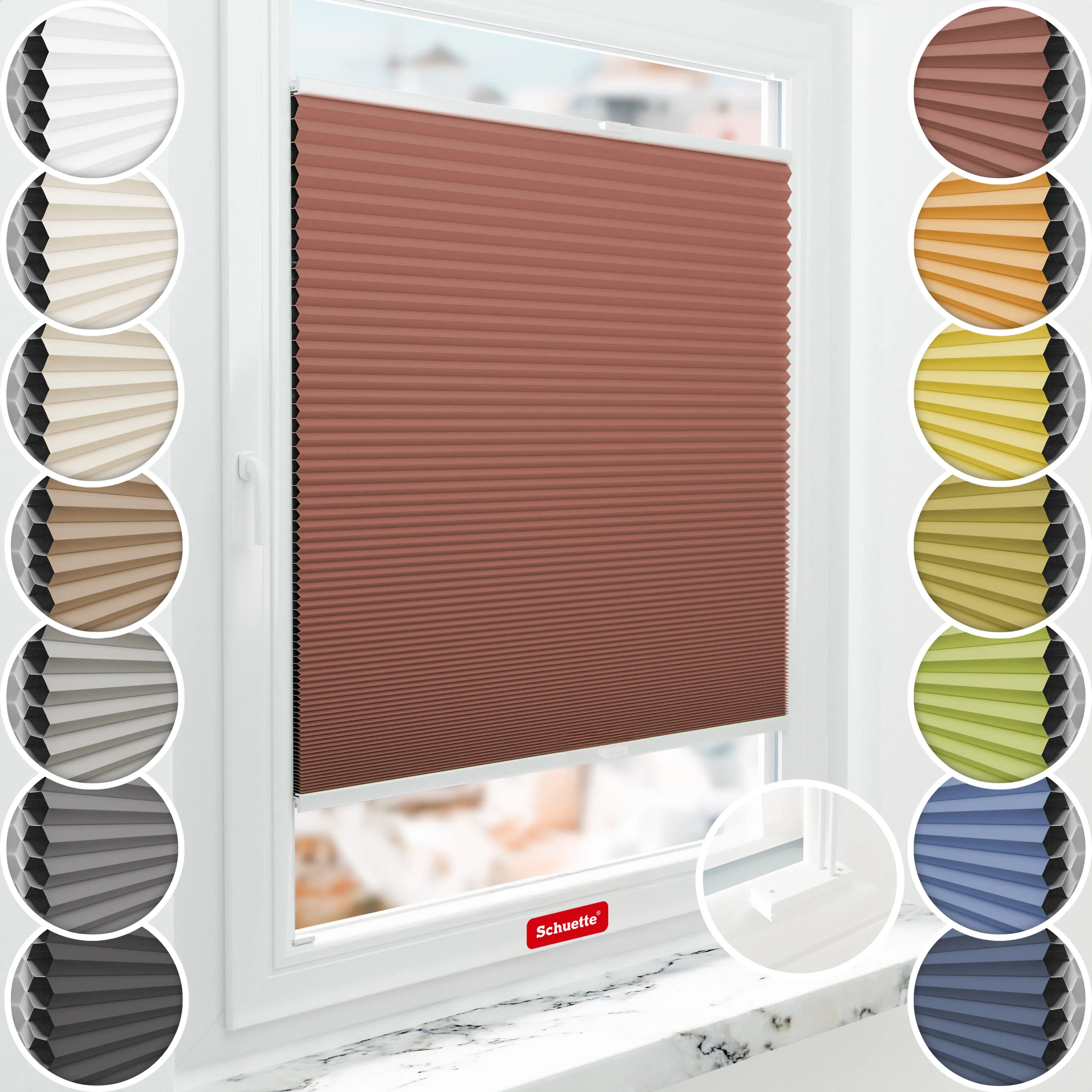 Schuette® Wabenplissee mit Bohren nach Maß • Suprafix Halterungen “Mit Bohren” • Honey Kollektion: Poppy Petal (Dunkelrot) • Profilfarbe: Weiß