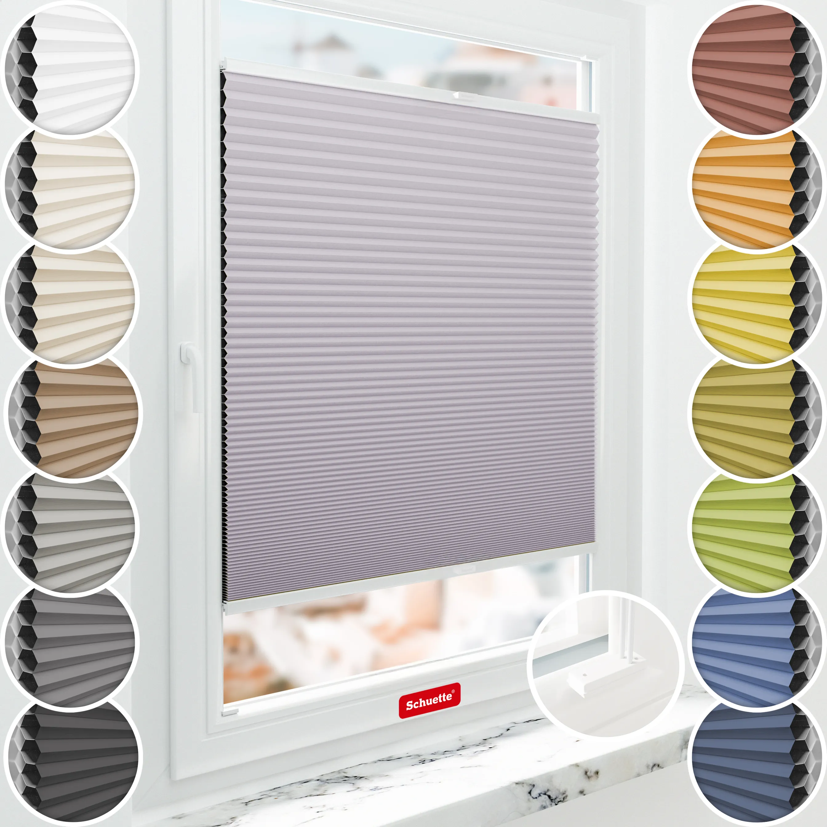 Schuette® Wabenplissee mit Bohren nach Maß • Suprafix Halterungen “Mit Bohren” • Honey Kollektion: Sakura Sky (Pastelllila) • Profilfarbe: Weiß