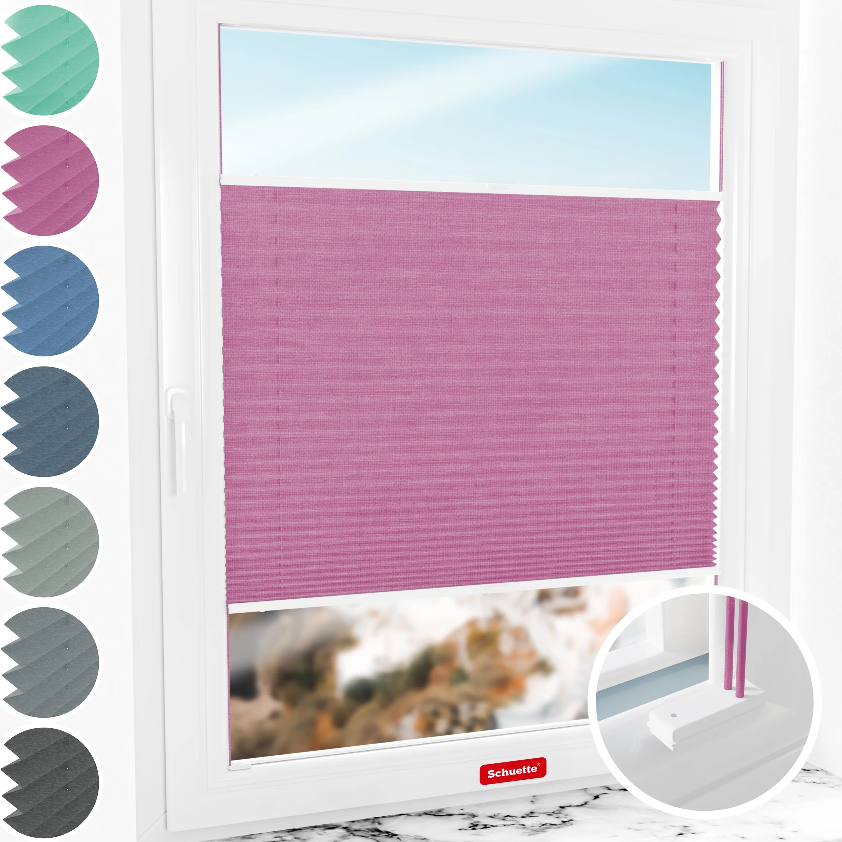 Schuette® Plissee mit Bohren nach Maß • Suprafix Halterungen “Mit Bohren” • Melange Kollektion: Magic Pink (Rosa) • Profilfarbe: Weiß