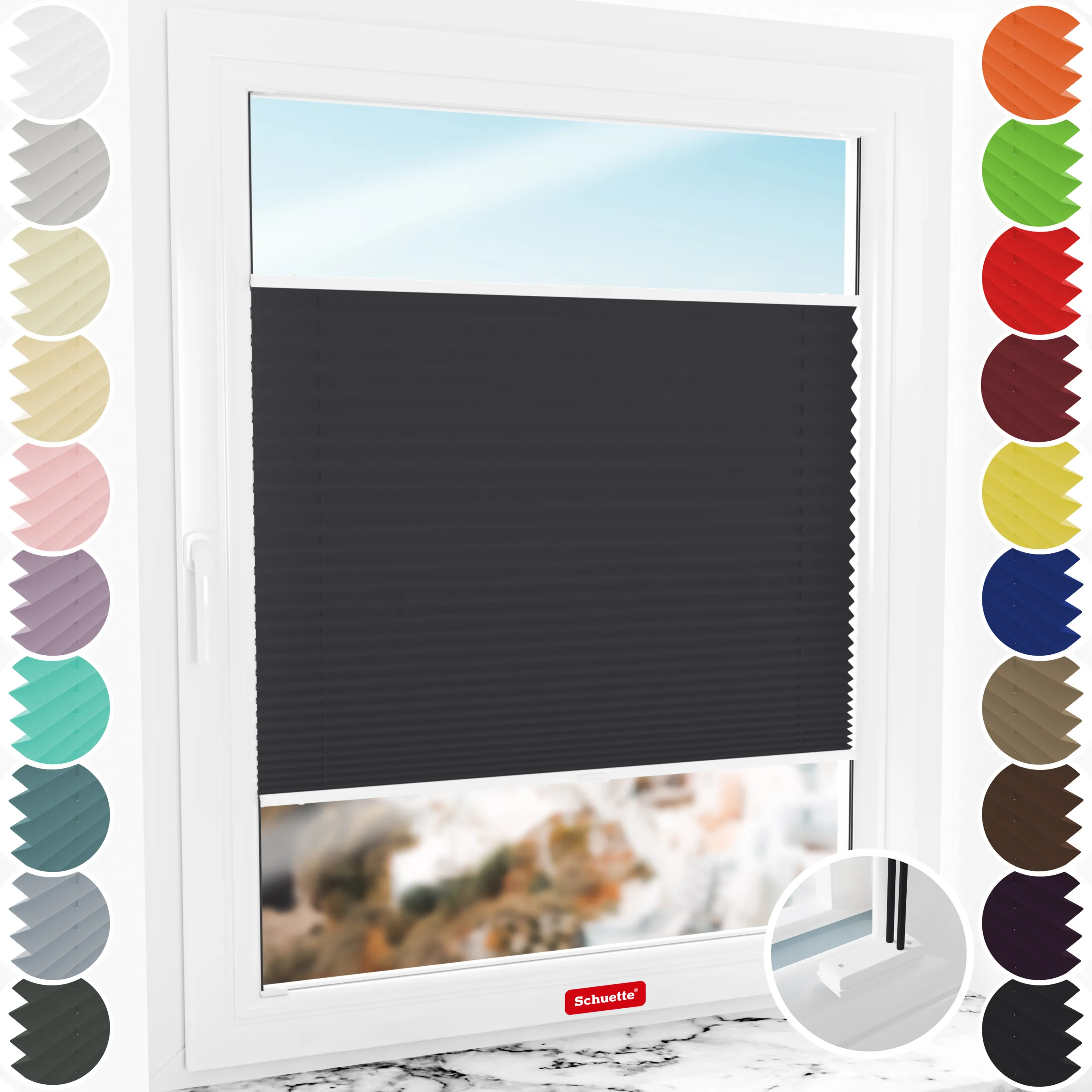 Schuette® Plissee mit Bohren nach Maß • Suprafix Halterungen “Mit Bohren” • Premium Kollektion: Silesian Coal (Schwarz) • Profilfarbe: Weiß