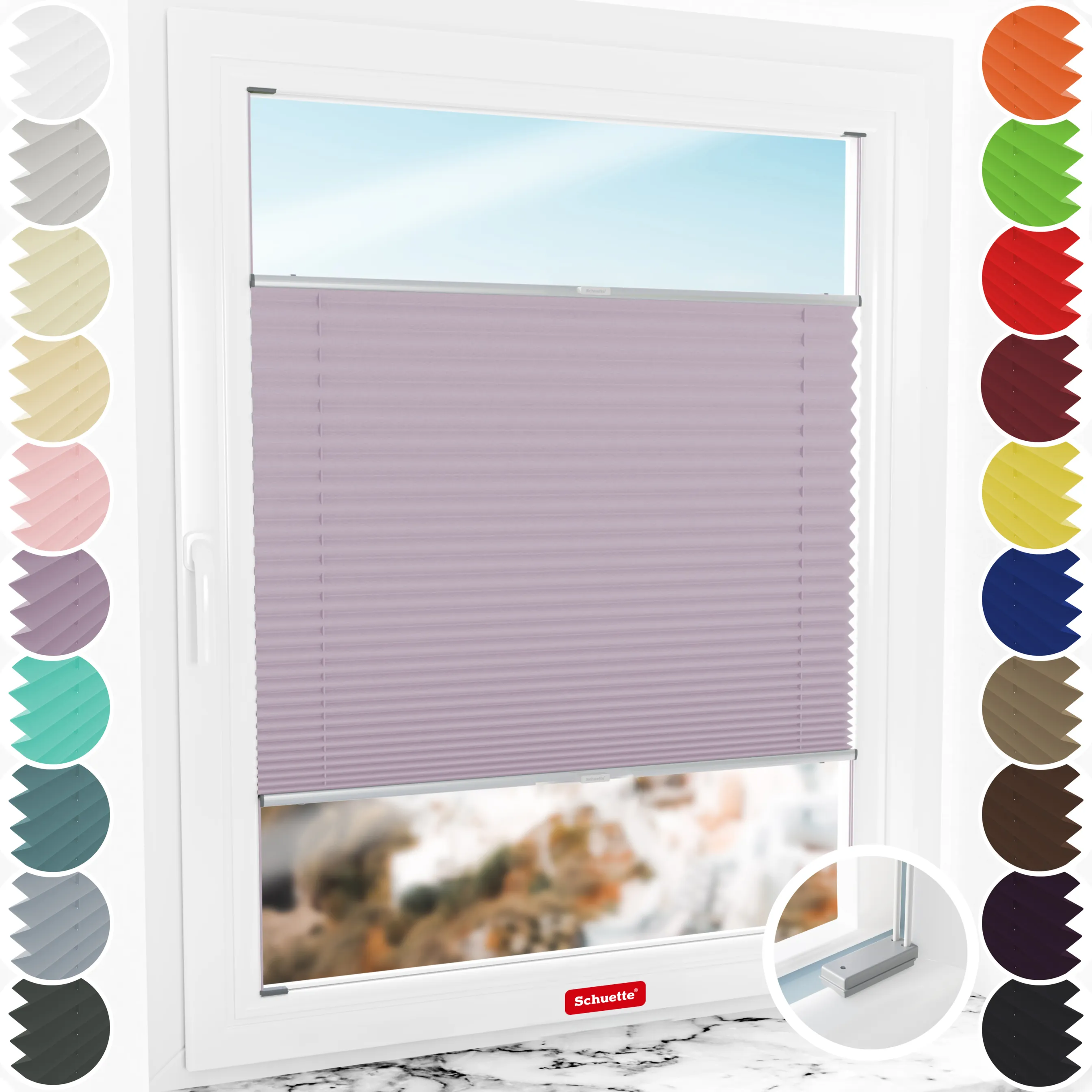 Schuette® Plissee mit Bohren nach Maß • Suprafix Halterungen “Mit Bohren” •  Thermo Kollektion: Pastel Grape (lila) • Profilfarbe: Silber