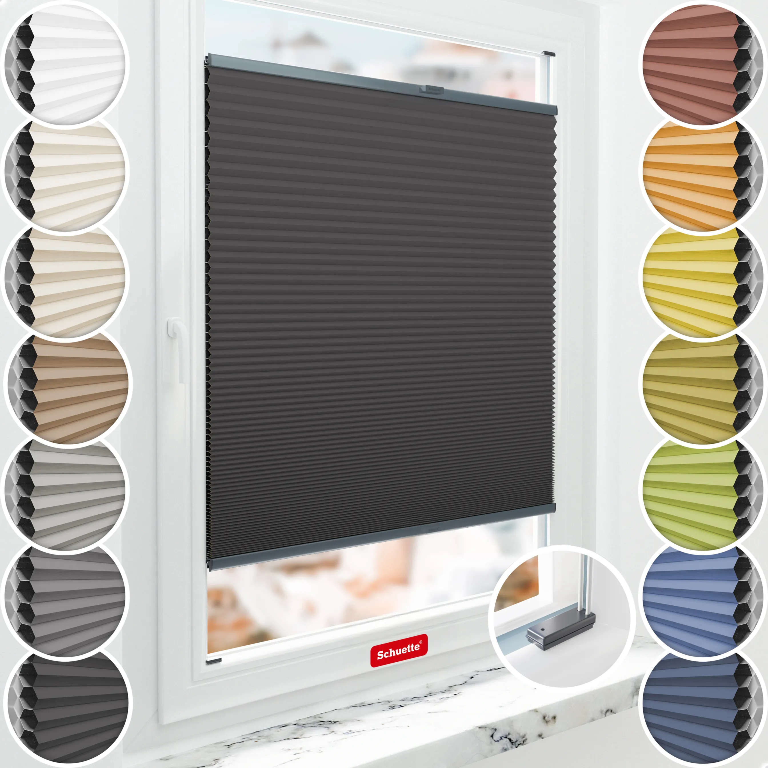 Schuette® Wabenplissee mit Bohren nach Maß • Suprafix Halterungen “Mit Bohren” • Honey Kollektion: Starry Night (Schwarz) • Profilfarbe: Anthrazit