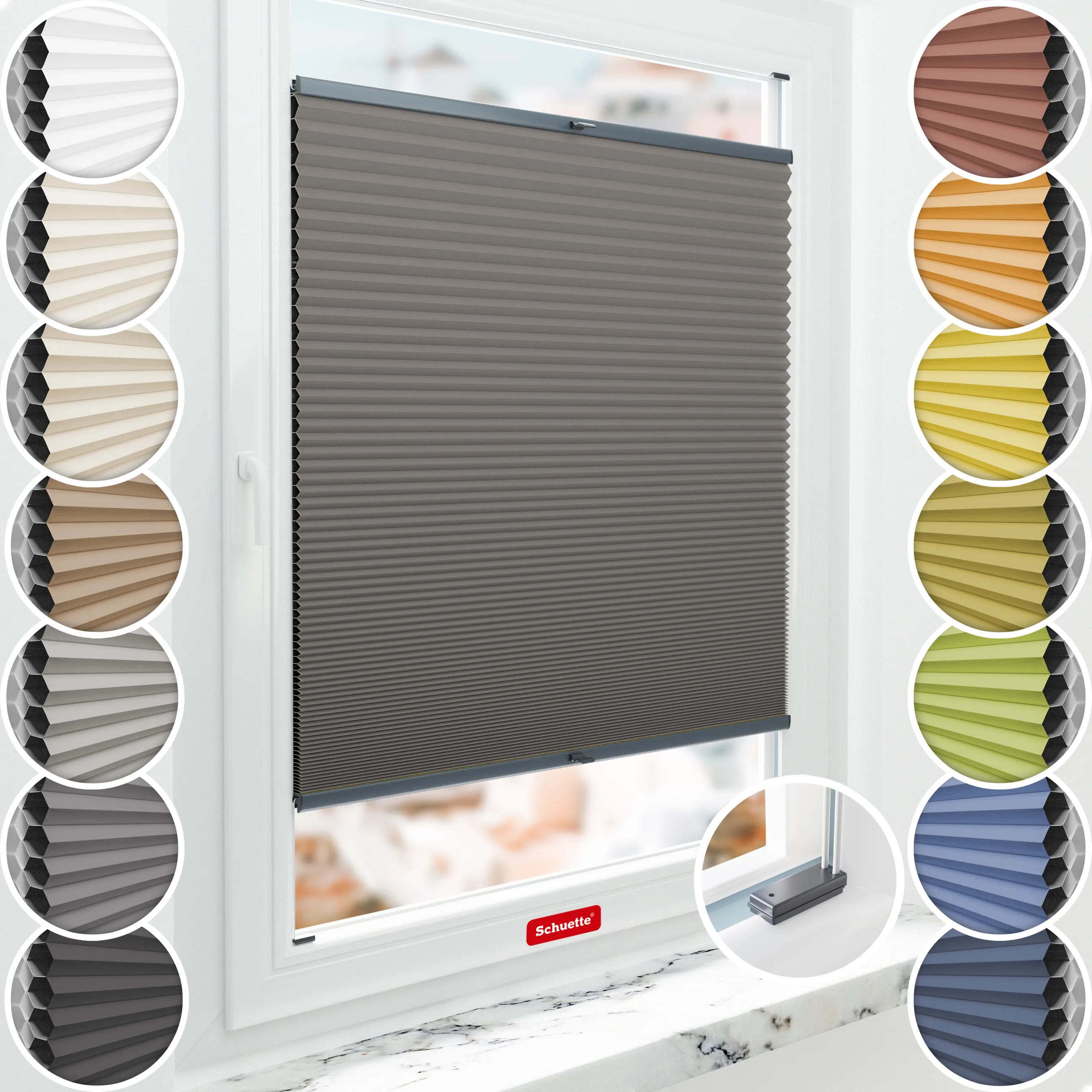 Schuette® Wabenplissee mit Bohren nach Maß • Suprafix Halterungen “Mit Bohren” • Honey Kollektion: Swiss Chocolate (Taupe) • Profilfarbe: Anthrazit