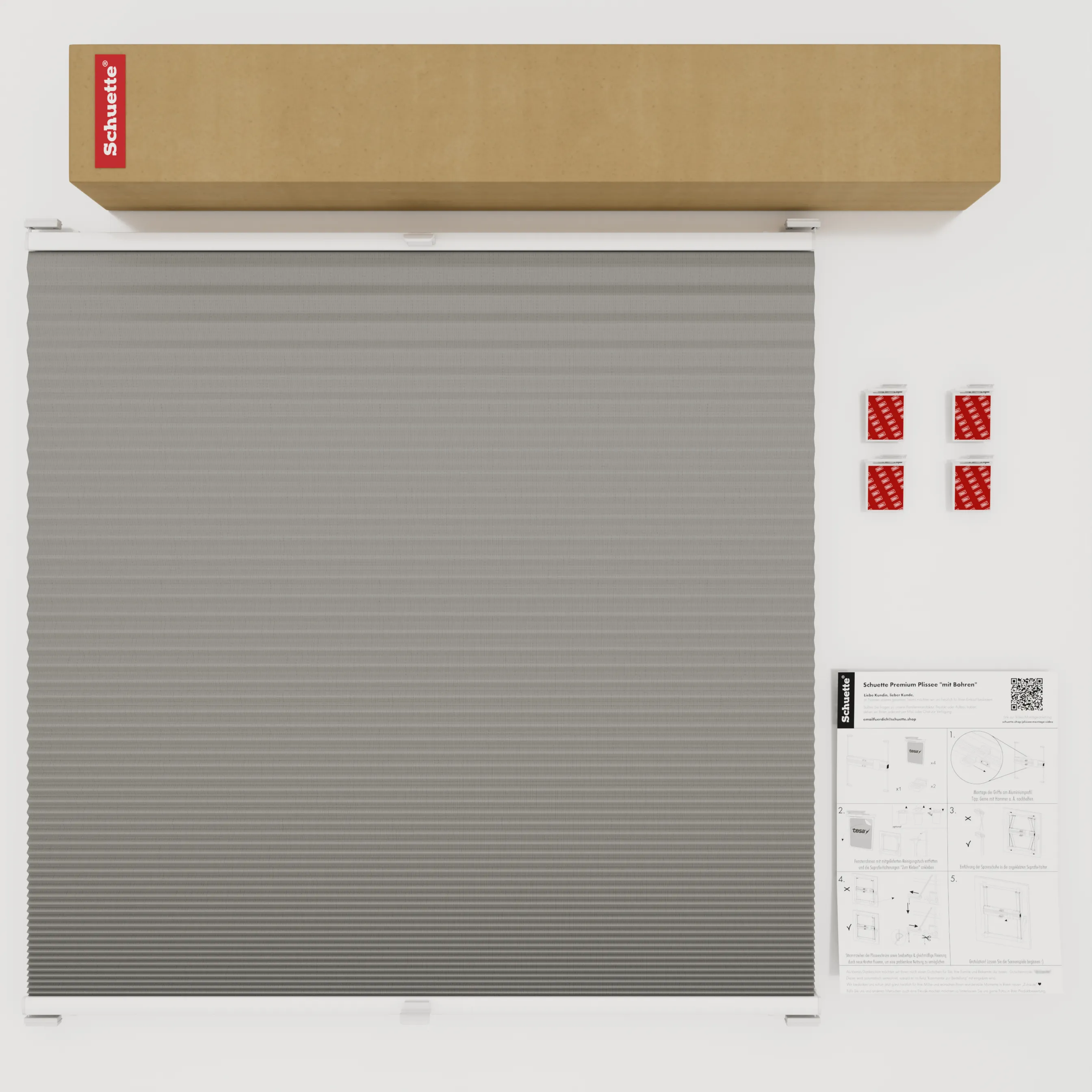 Schuette® Wabenplissee ohne Bohren nach Maß • Klebehalter & Schraubhalter 2in1 Set "Letsbond" • Honey Kollektion: Silver Mist (Grau) • Profilfarbe: Silber