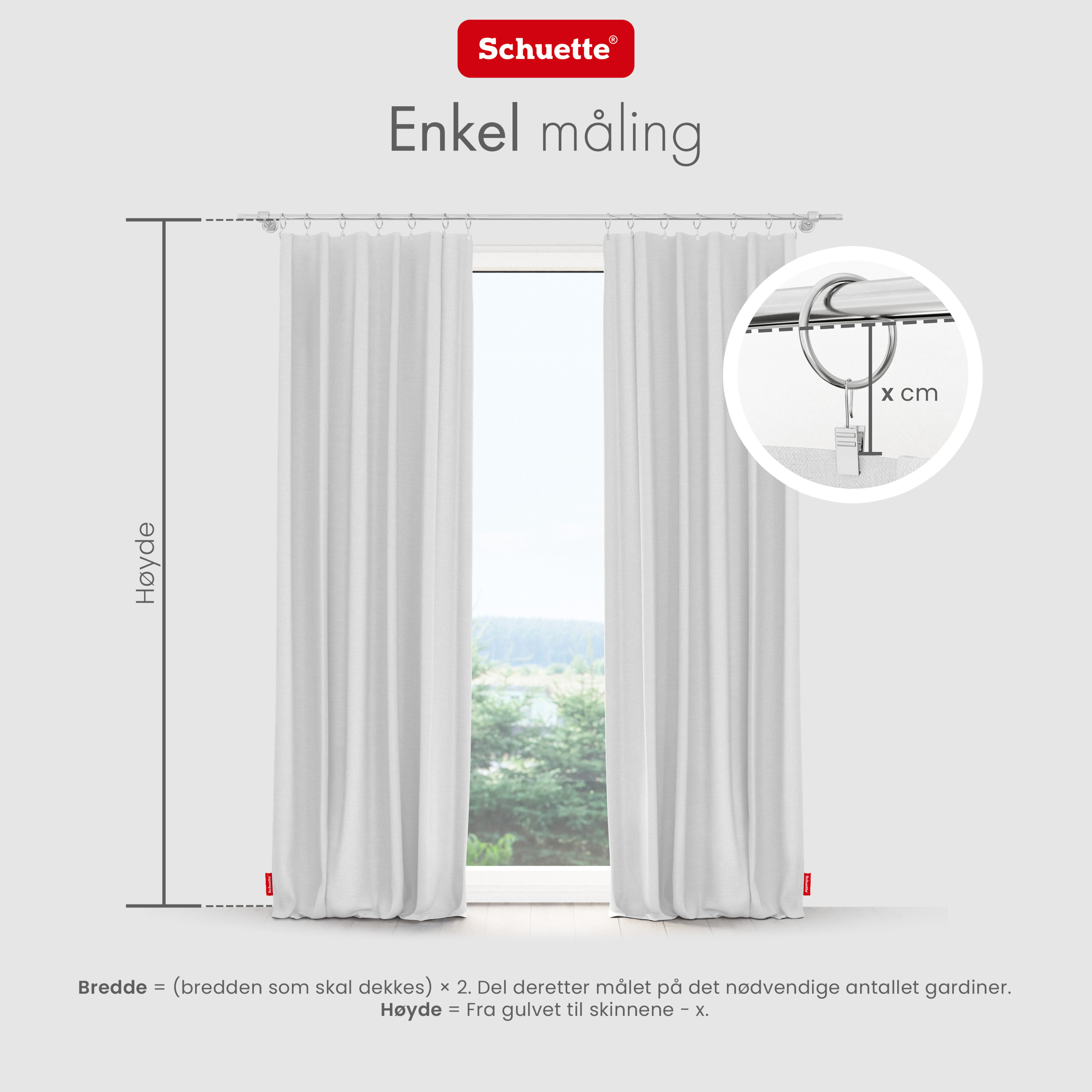 måle vindu for gardiner med maljer eller tunnelbånd