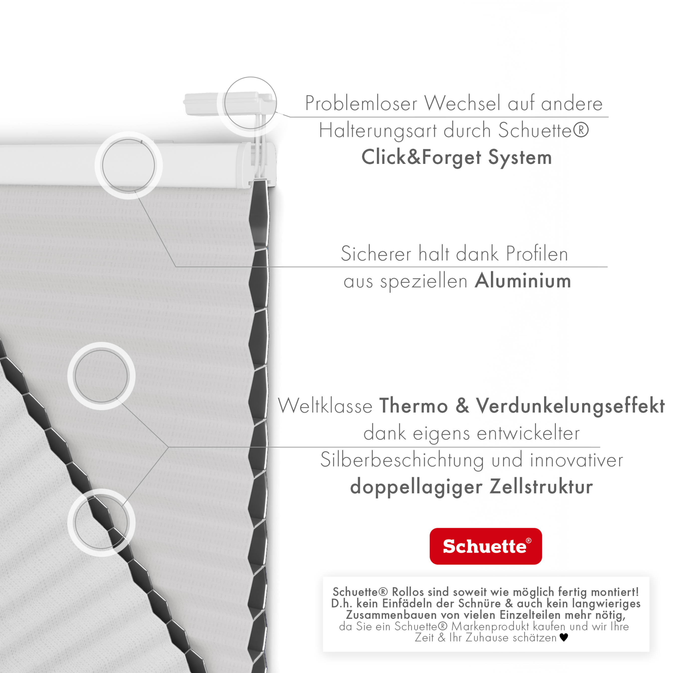 Schuette® Wabenplissee ohne Bohren nach Maß • Suprafix Klemmhalter "X" • Honey Kollektion: Gray-zy in Love (Pastellgrau) • Profilfarbe: Weiß
