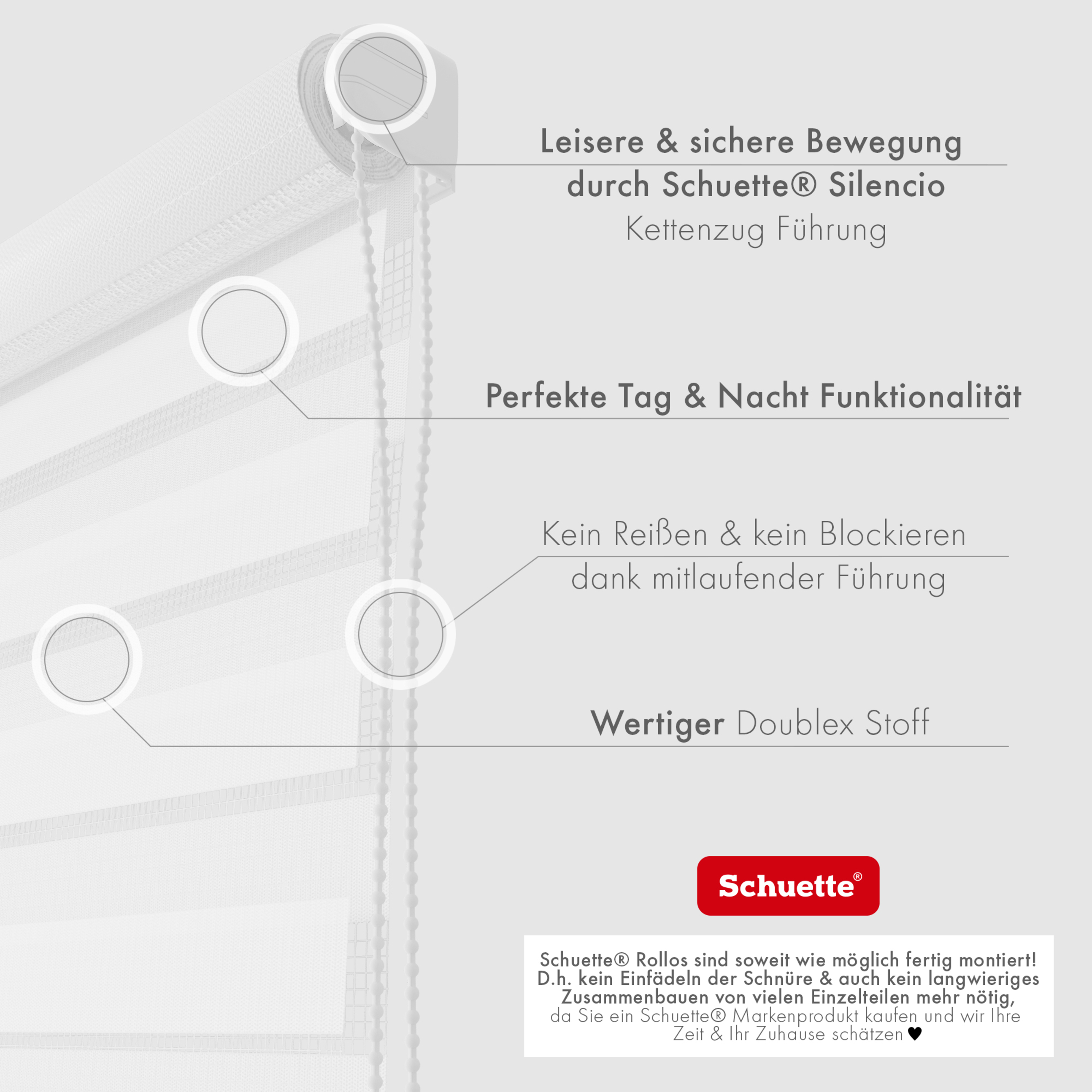 Schuette® Tag und Nacht Rollo ohne Bohren & mit Bohren 2in1 nach Maß • Doppelrollo Kollektion: White Snow (Weiß) • Profilfarbe: Schwarz