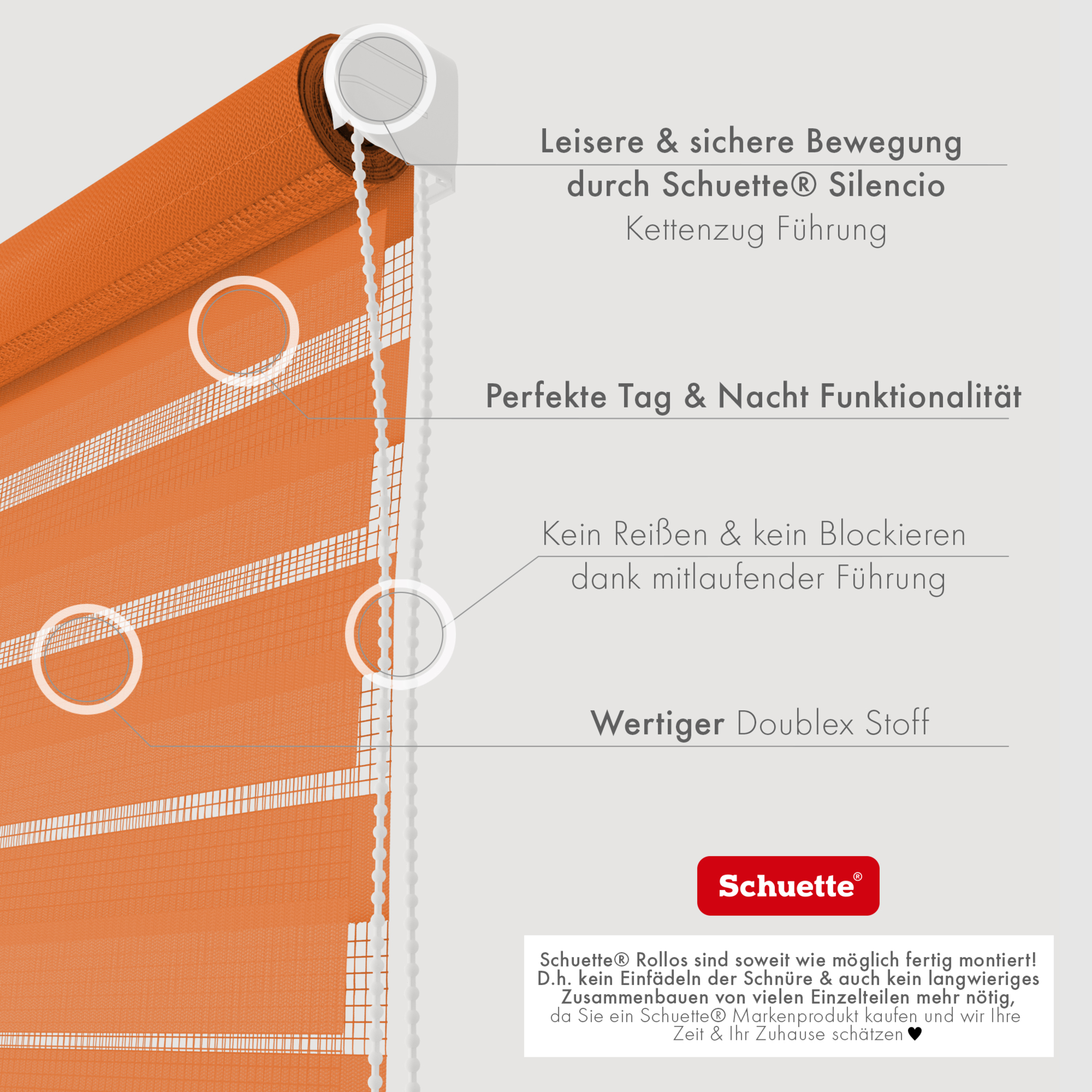 Schuette® Tag und Nacht Rollo ohne Bohren & mit Bohren 2in1 nach Maß • Doppelrollo Kollektion: Sweet Orange (Orange) • Profilfarbe: Weiß