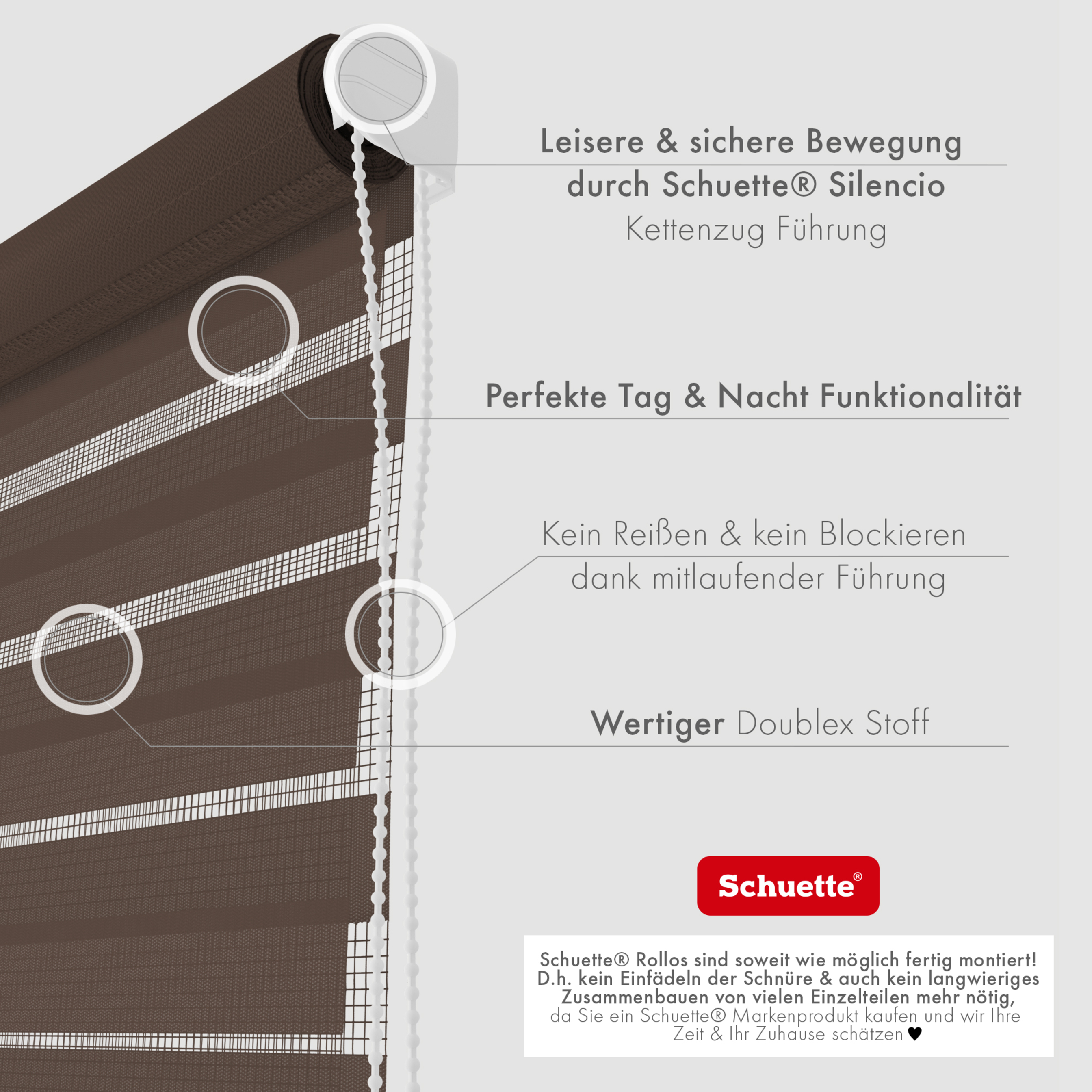Schuette® Tag und Nacht Rollo ohne Bohren & mit Bohren 2in1 nach Maß • Doppelrollo Kollektion: Dark Cocoa (Braun) • Profilfarbe: Weiß
