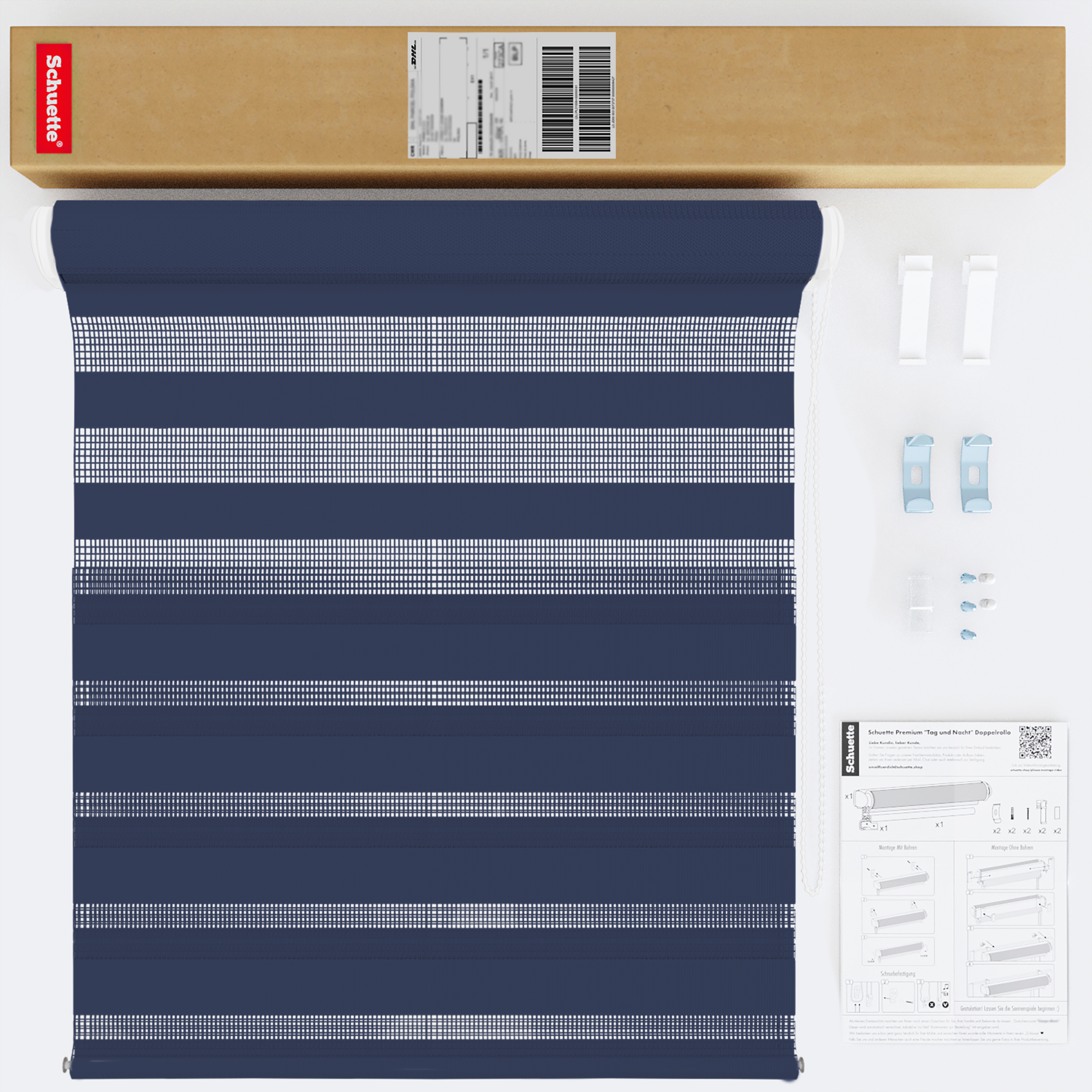 Schuette® Tag und Nacht Rollo ohne Bohren & mit Bohren 2in1 nach Maß • Doppelrollo Kollektion: Azure Coast (Dunkelblau) • Profilfarbe: Schwarz