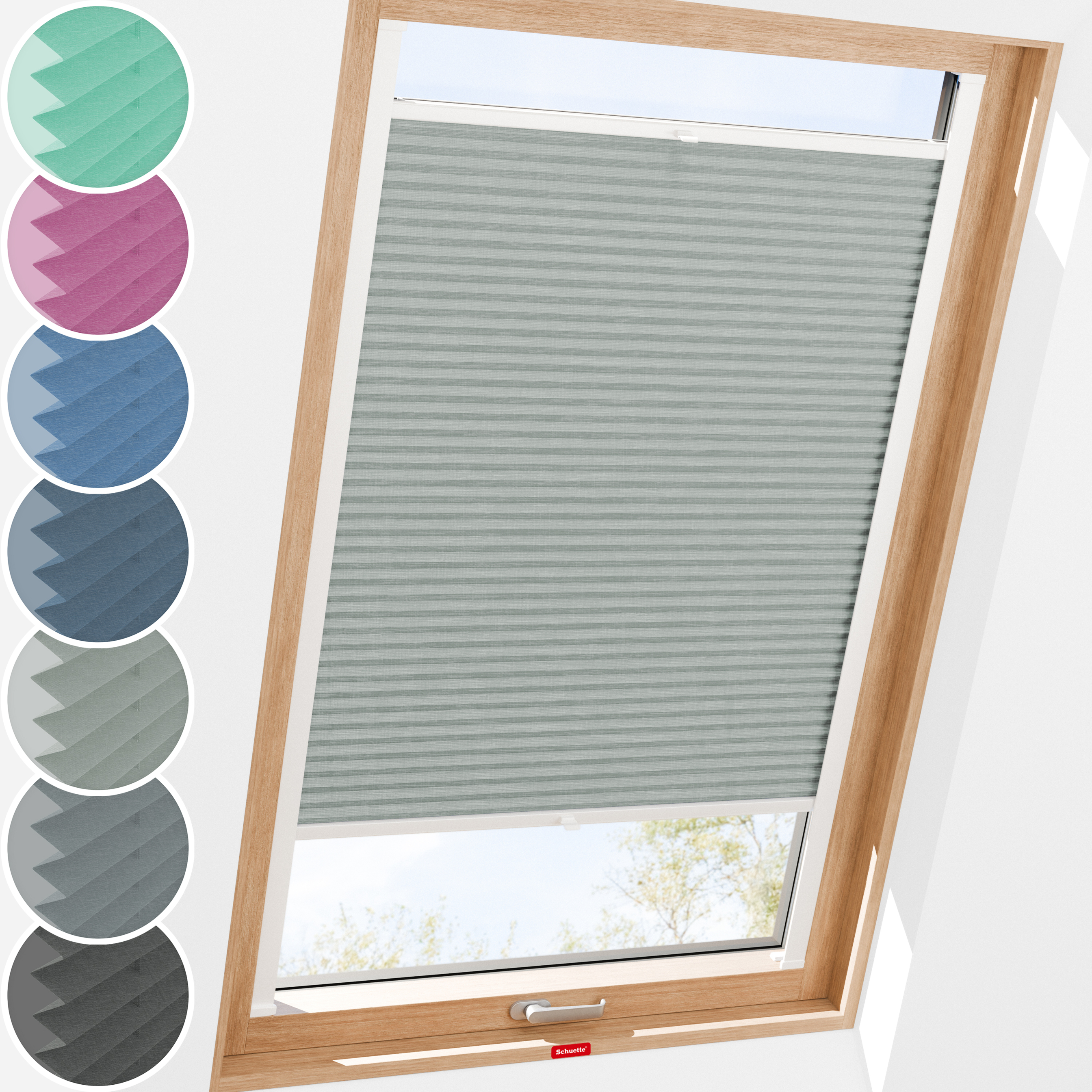 Schuette® Dachfenster Plissee nach Maß • Melange Kollektion: On The Road (Grau) • Profilfarbe: Eiche