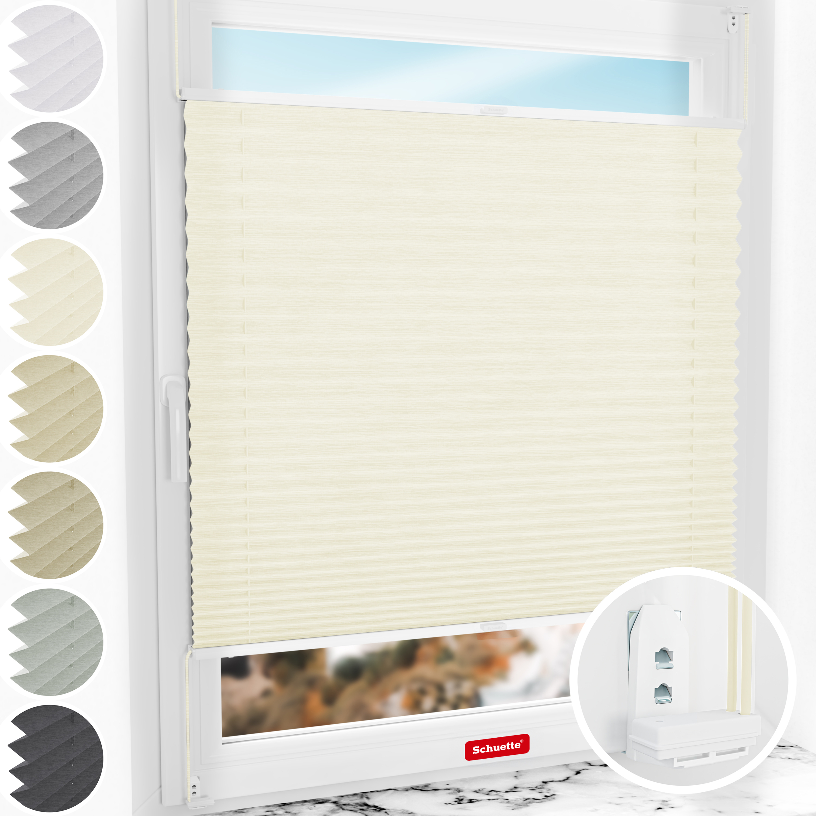 Schuette® Plissee mit Bohren nach Maß • Suprafix "Double 2in1" Schraub- & Klemmhalter • Dolomite Kollektion: Vanilla Sky (Beige) • Profilfarbe: Weiß