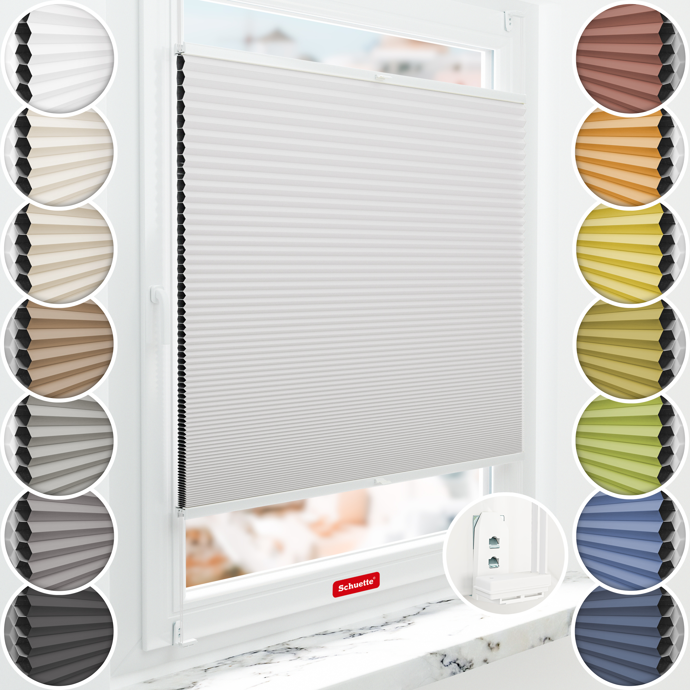 Schuette® Wabenplissee ohne Bohren nach Maß • Suprafix Klemmhalter “Double 2in1” • Honey Kollektion: Gray-zy in Love (Pastellgrau) • Profilfarbe: Weiß