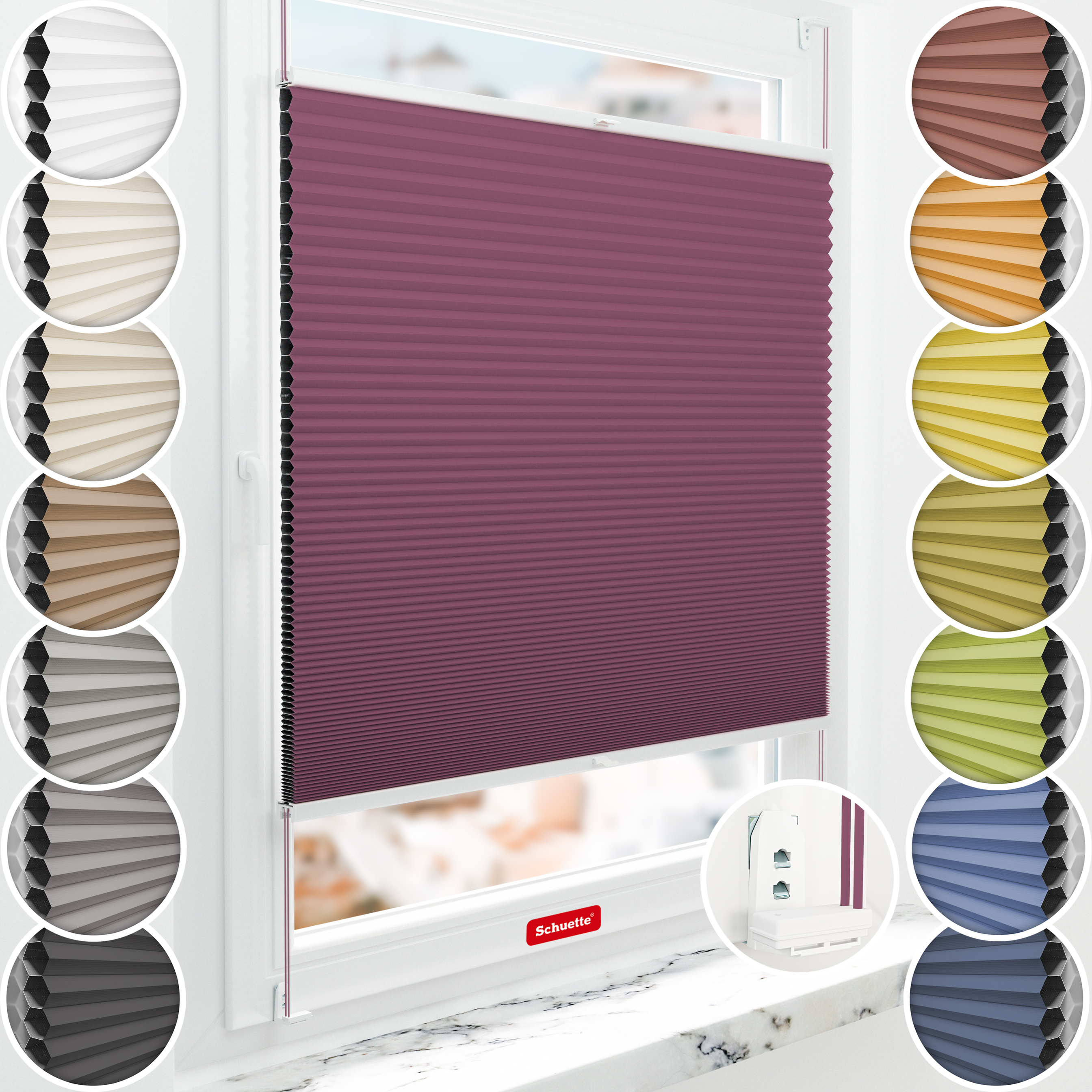 Schuette® Wabenplissee mit Bohren nach Maß • Suprafix "Double 2in1" Schraub- & Klemmhalter • Honey Kollektion: Red Velvet (Purpurrot) • Profilfarbe: Weiß