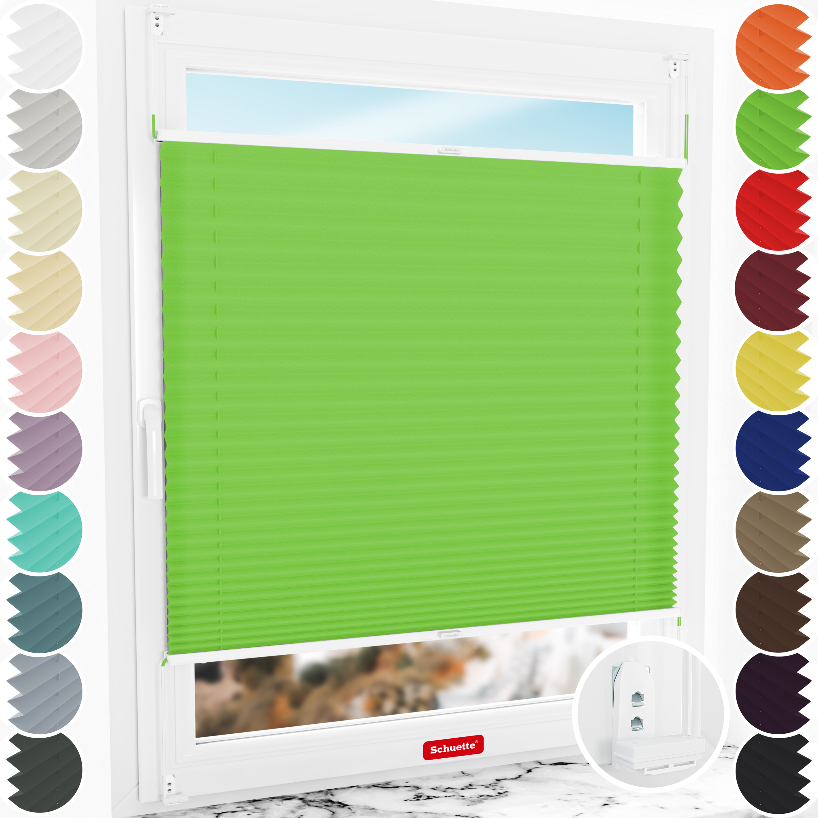 Schuette® Plissee mit Bohren nach Maß • Suprafix "Double 2in1" Schraub- & Klemmhalter • Premium Kollektion: Green Meadow (Grün) • Profilfarbe: Weiß