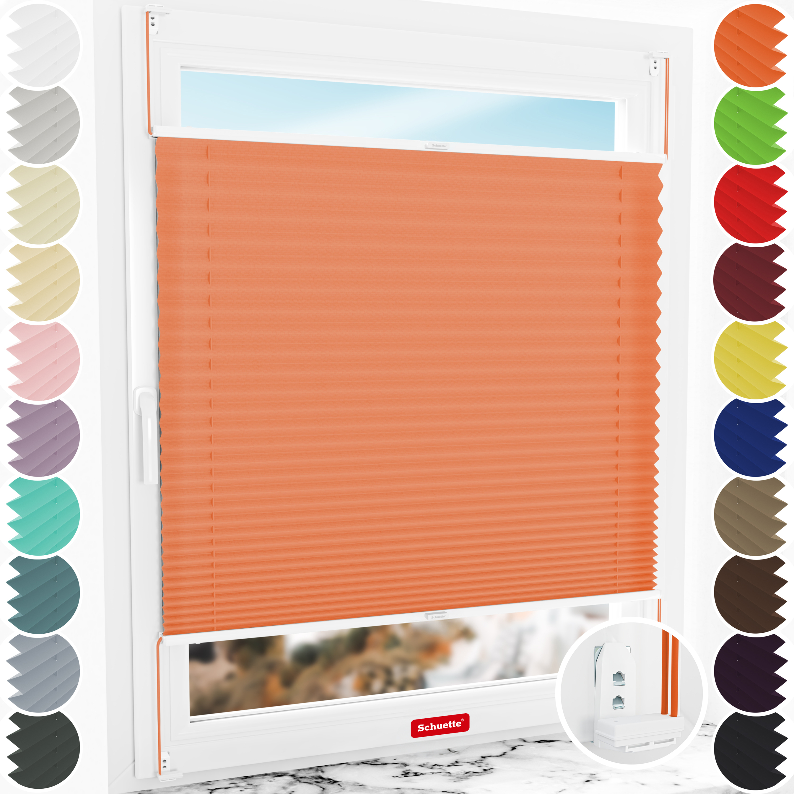 Schuette® Plissee mit Bohren nach Maß • Suprafix "Double 2in1" Schraub- & Klemmhalter • Premium Kollektion: Sunset (Orange) • Profilfarbe: Weiß