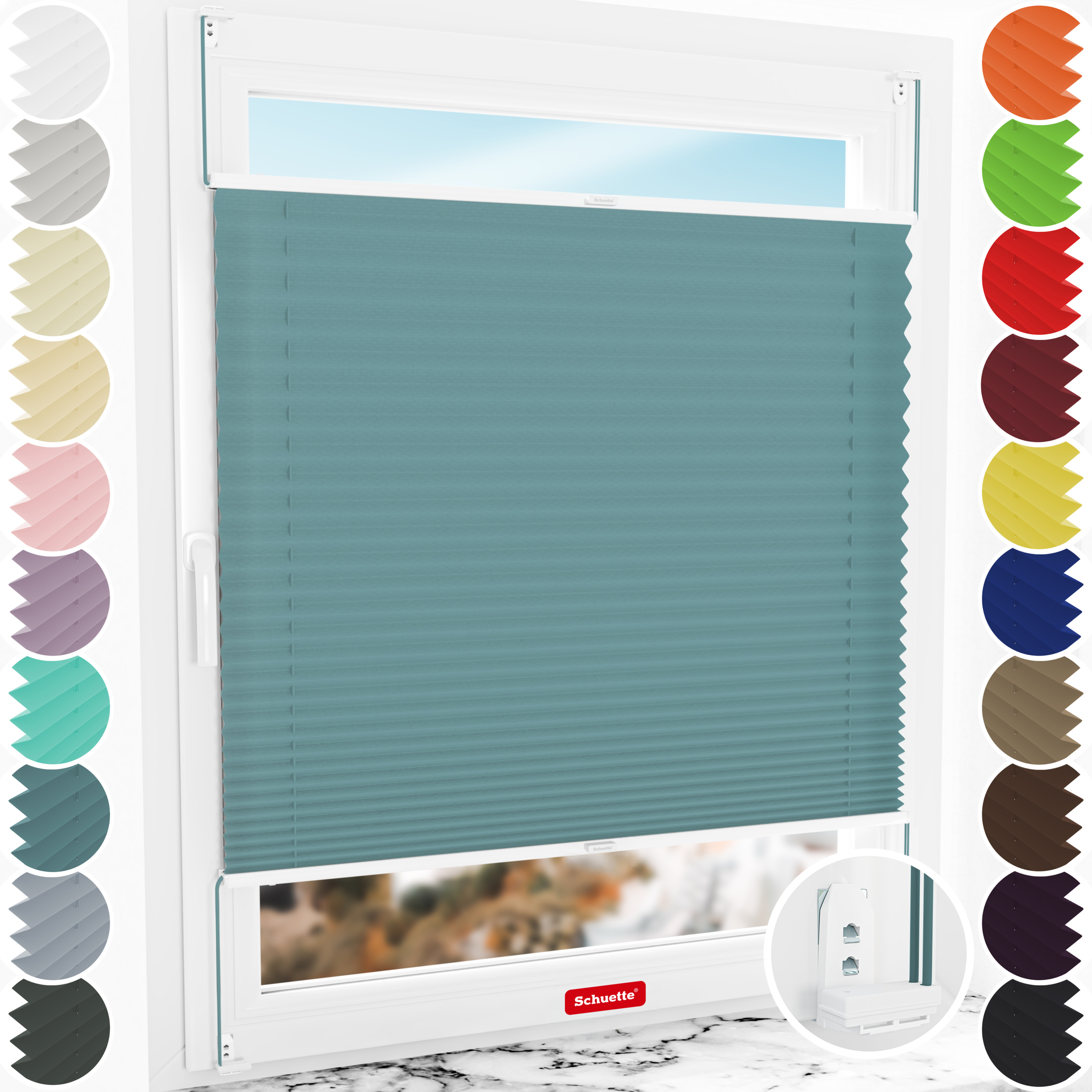 Schuette® Plissee mit Bohren nach Maß • Suprafix "Double 2in1" Schraub- & Klemmhalter • Premium Kollektion: Cove Calm (Taubenblau) • Profilfarbe: Weiß