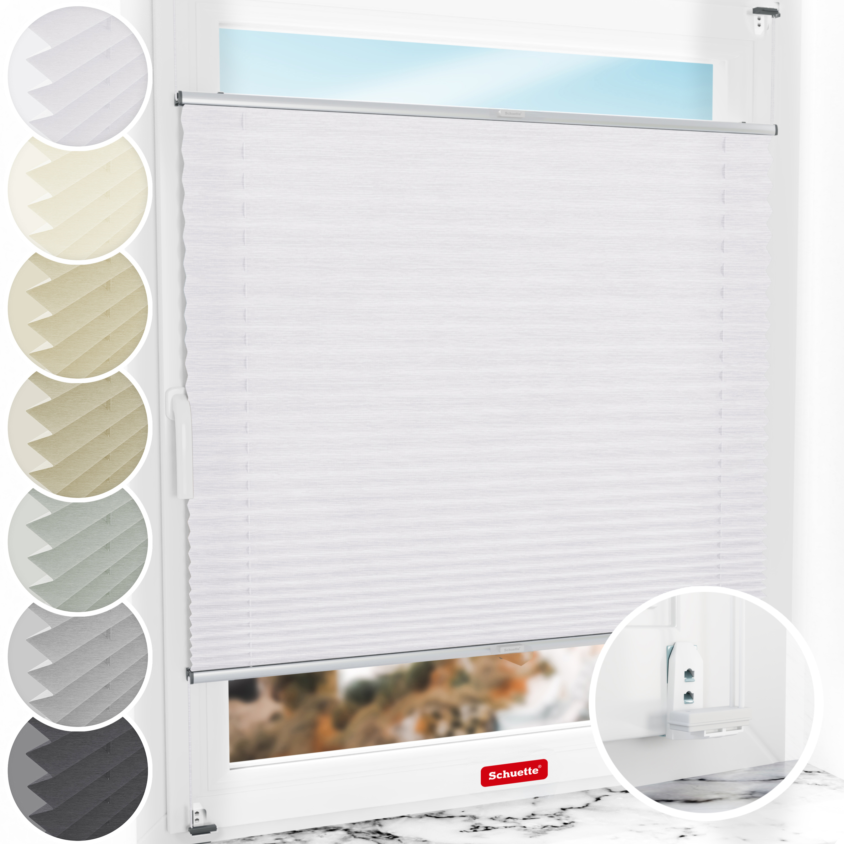 Schuette® Plissee mit Bohren nach Maß • Suprafix "Double 2in1" Schraub- & Klemmhalter • Dolomite Kollektion: Cold Morning (Grau) • Profilfarbe: Silber