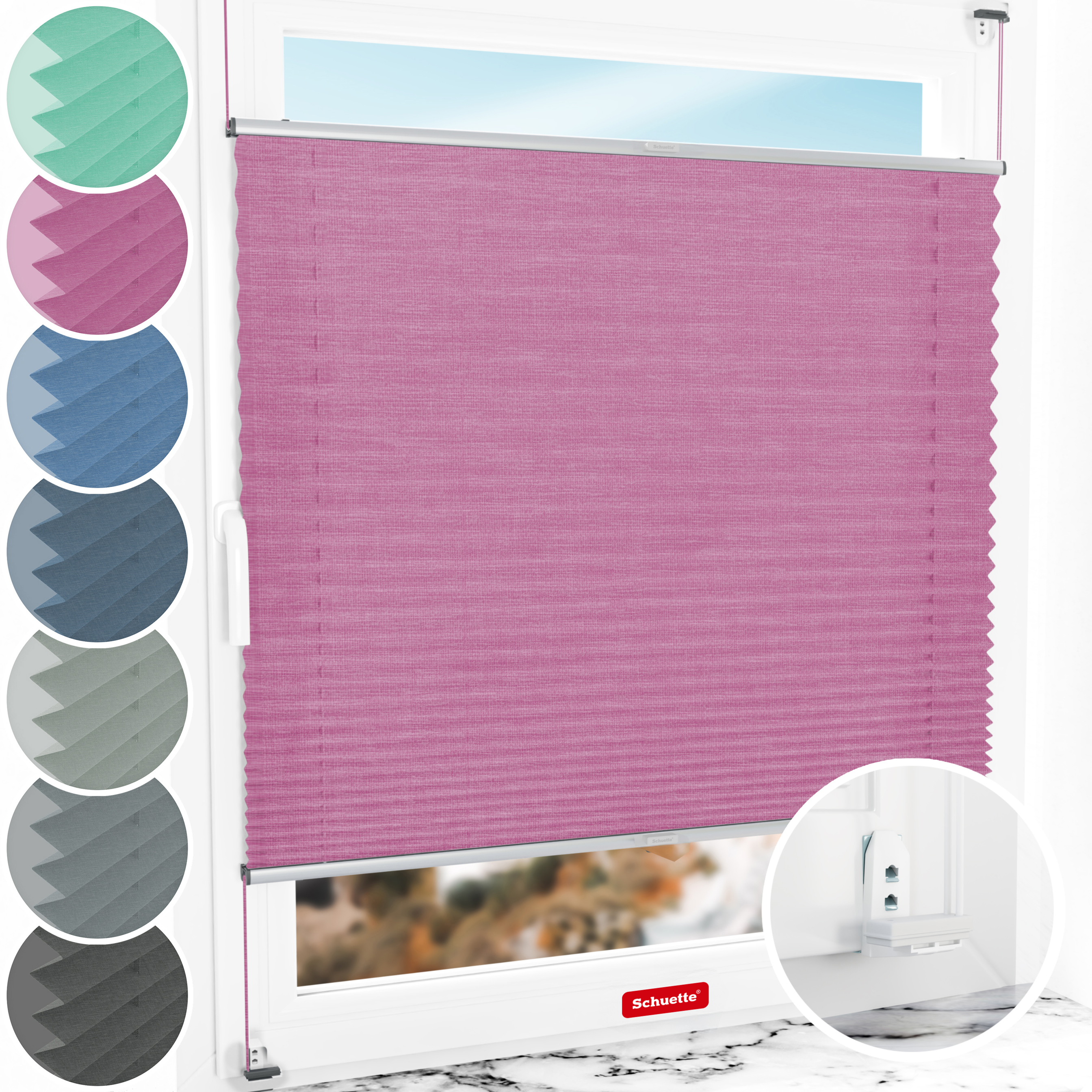 Schuette® Plissee mit Bohren nach Maß • Suprafix "Double 2in1" Schraub- & Klemmhalter • Melange Kollektion: Magic Pink (Rosa) • Profilfarbe: Silber