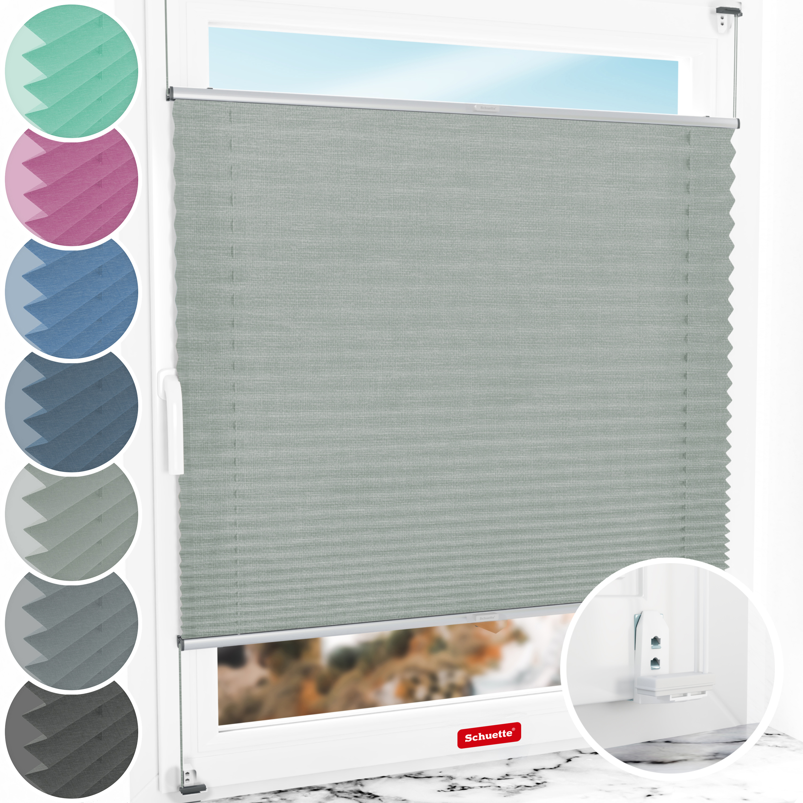 Schuette® Plissee mit Bohren nach Maß • Suprafix "Double 2in1" Schraub- & Klemmhalter • Melange Kollektion: On The Road (Grau) • Profilfarbe: Silber