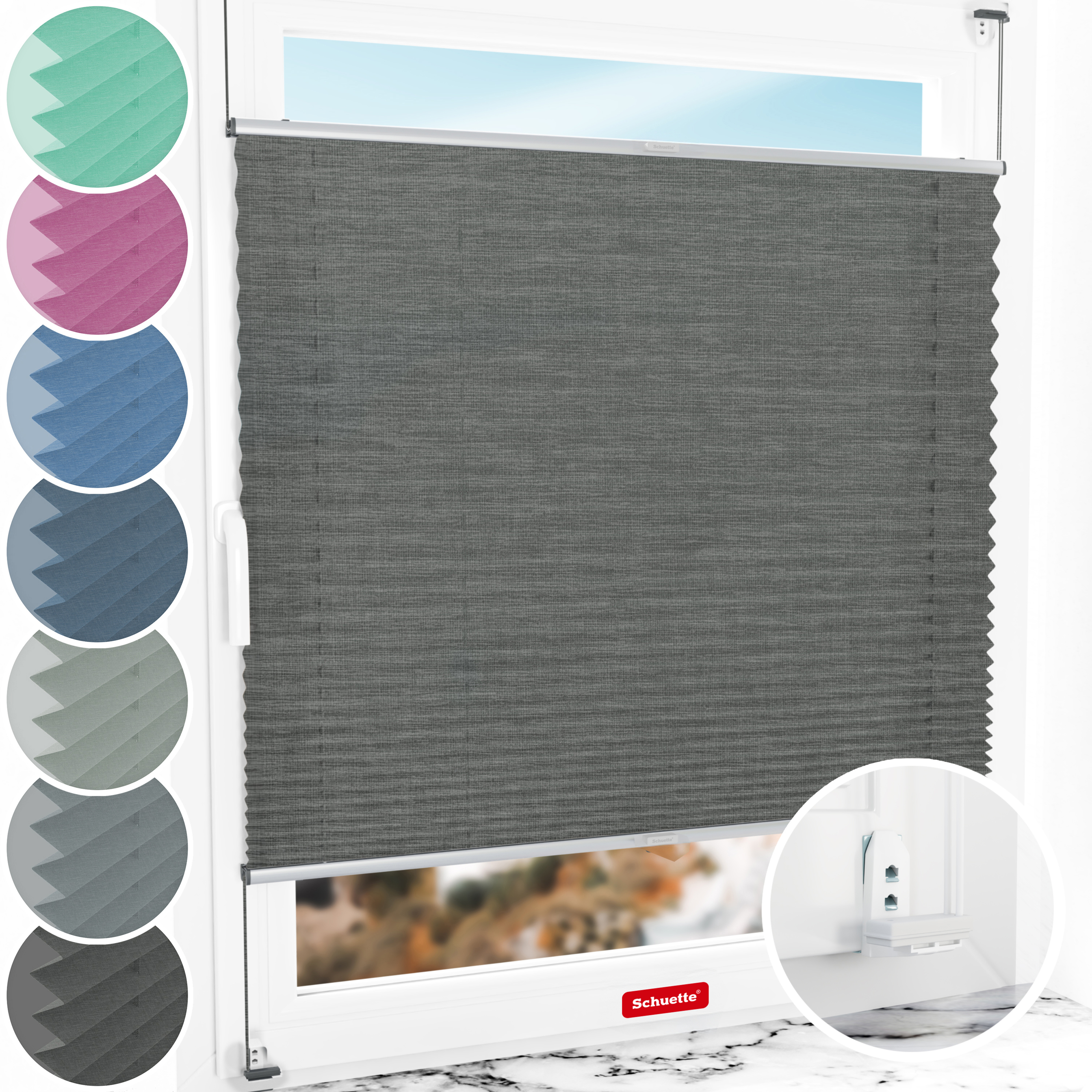Schuette® Plissee mit Bohren nach Maß • Suprafix "Double 2in1" Schraub- & Klemmhalter • Melange Kollektion: Black Pearl (Schwarz) • Profilfarbe: Silber