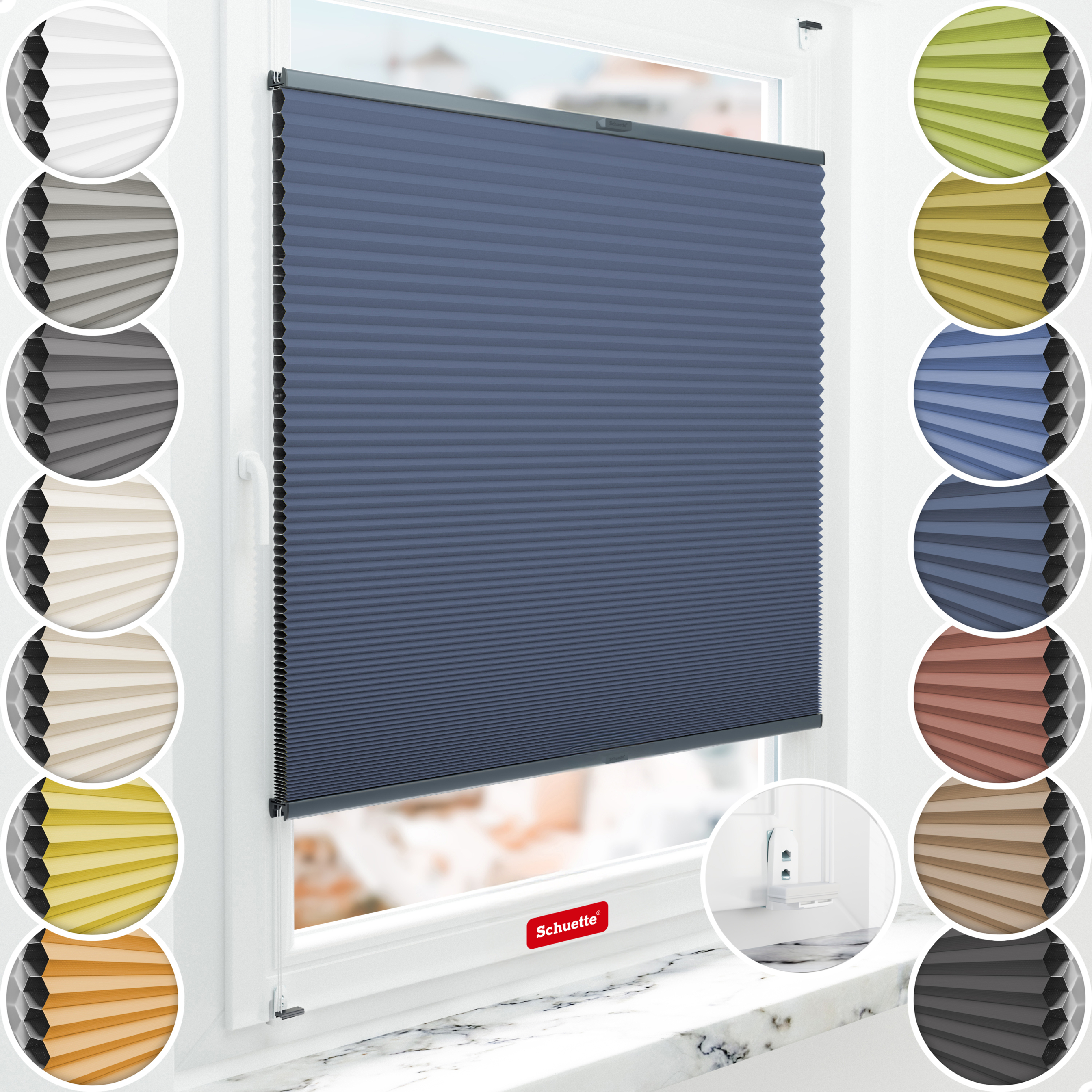Schuette® Wabenplissee mit Bohren nach Maß • Suprafix "Double 2in1" Schraub- & Klemmhalter • Honey Kollektion: Arctic Ocean (Dunkelblau) • Profilfarbe: Anthrazit