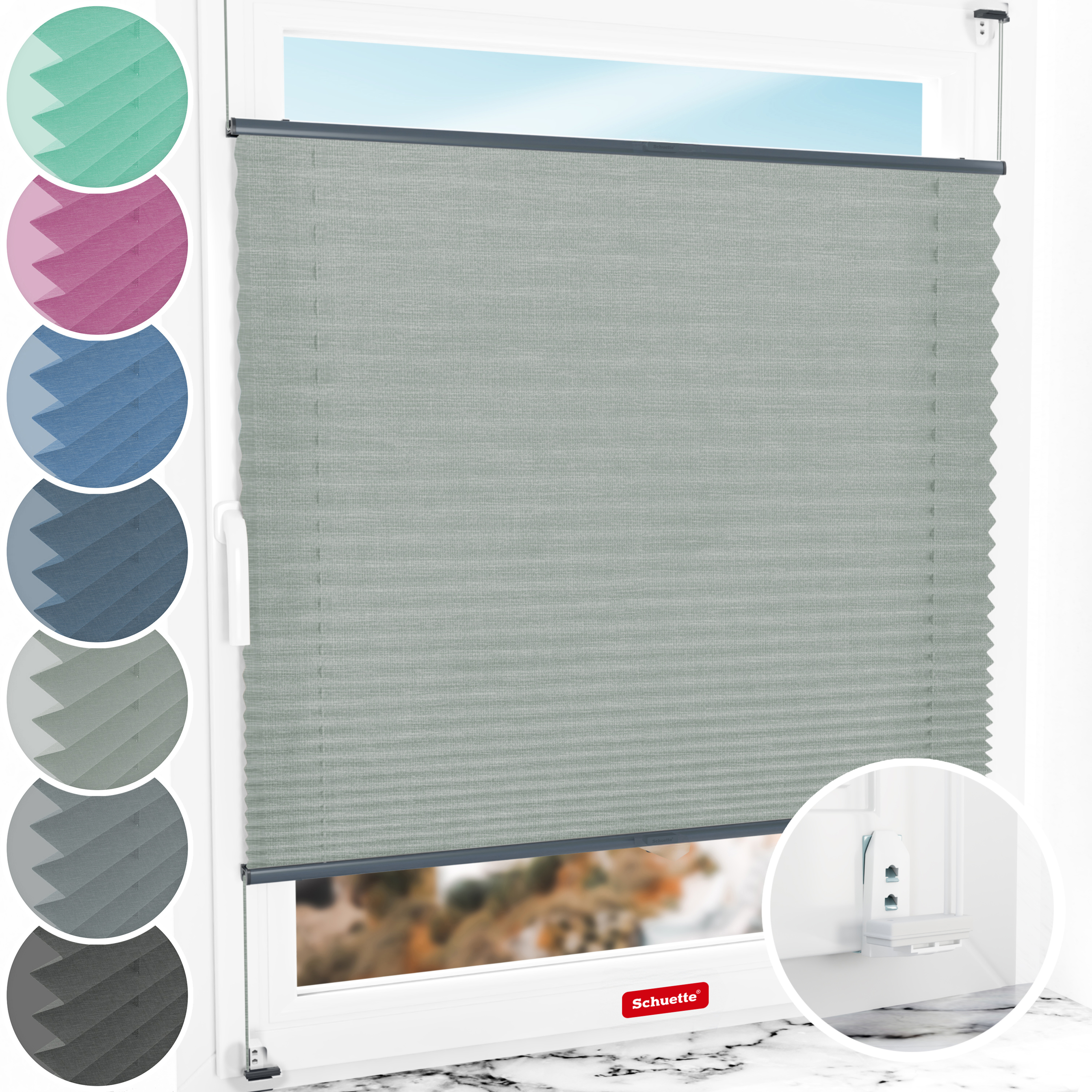 Schuette® Plissee mit Bohren nach Maß • Suprafix "Double 2in1" Schraub- & Klemmhalter • Melange Kollektion: On The Road (Grau) • Profilfarbe: Anthrazit