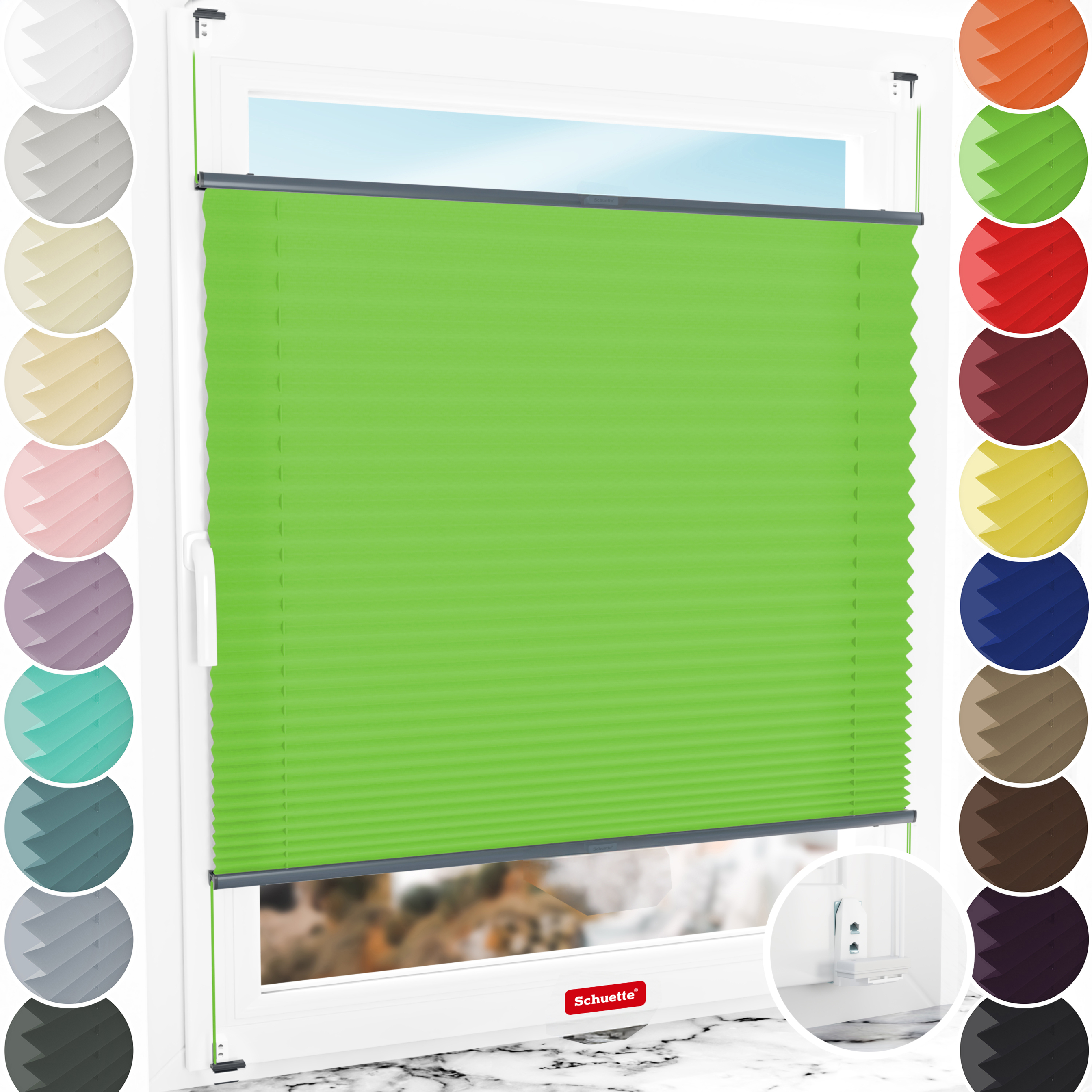 Schuette® Plissee mit Bohren nach Maß • Suprafix "Double 2in1" Schraub- & Klemmhalter • Premium Kollektion: Green Meadow (Grün) • Profilfarbe: Anthrazit