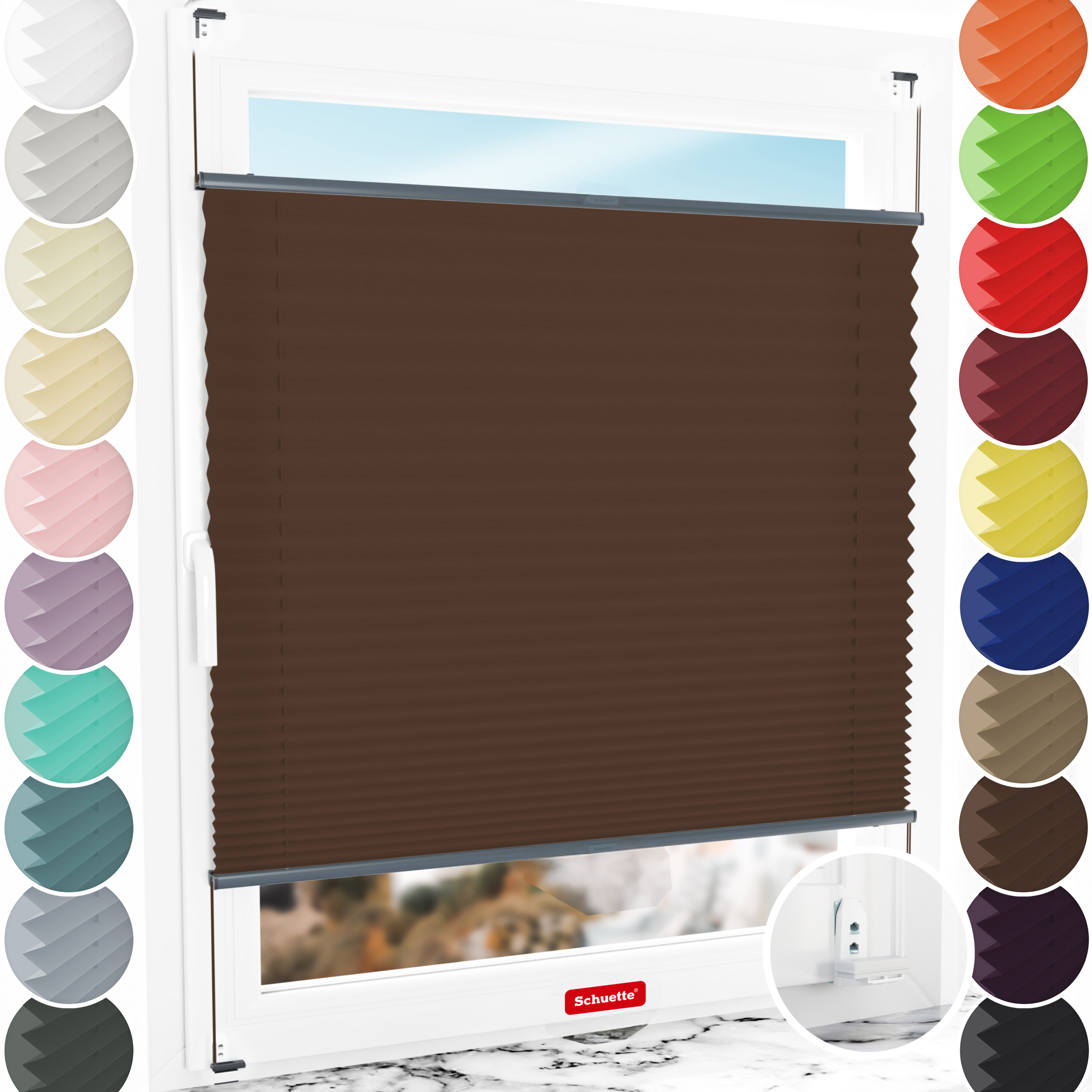 Schuette® Plissee mit Bohren nach Maß • Suprafix "Double 2in1" Schraub- & Klemmhalter • Premium Kollektion: Hot Chocolate (Dunkelbraun) • Profilfarbe: Anthrazit
