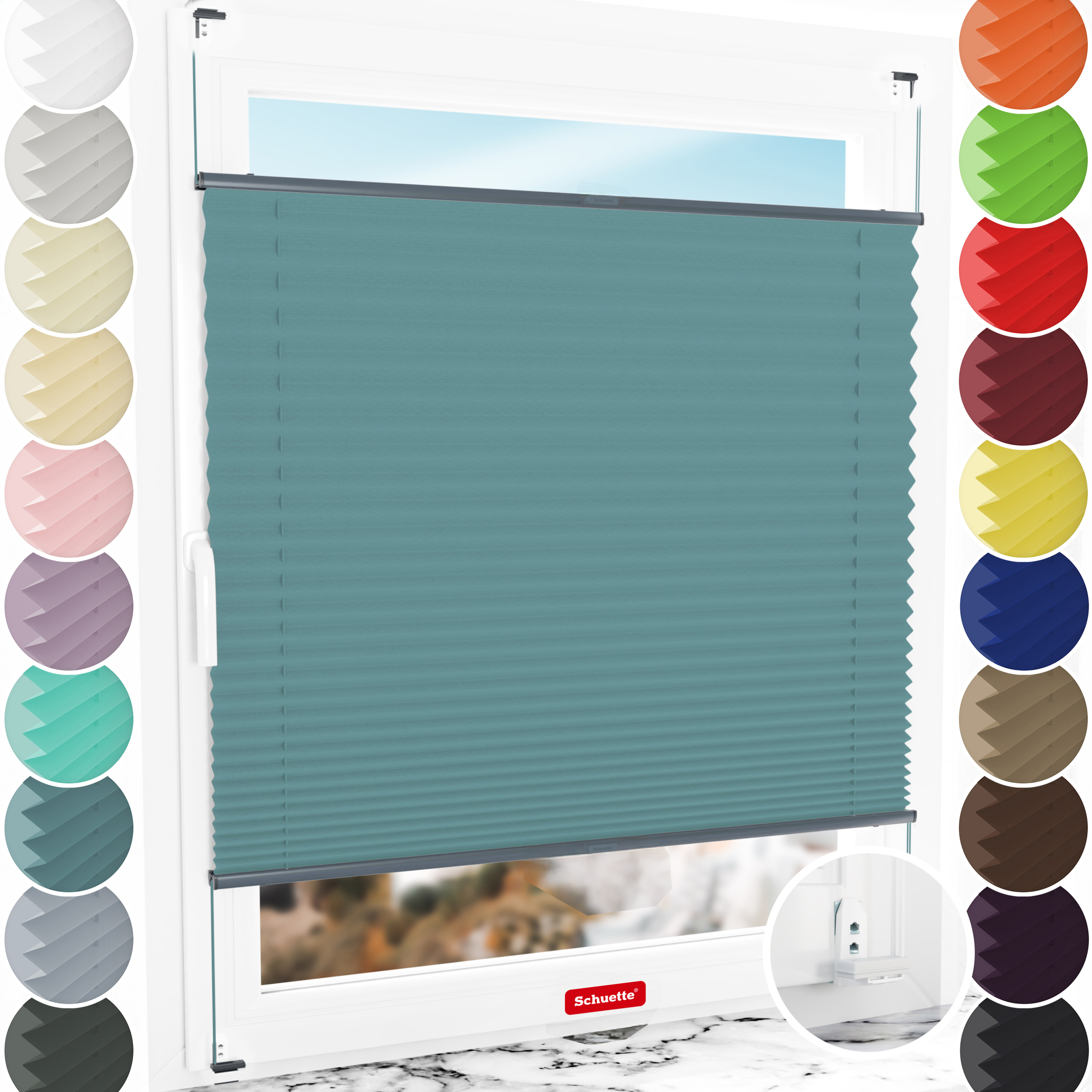 Schuette® Plissee mit Bohren nach Maß • Suprafix "Double 2in1" Schraub- & Klemmhalter • Thermo Kollektion: Teal Aura (Türkis) • Profilfarbe: Anthrazit