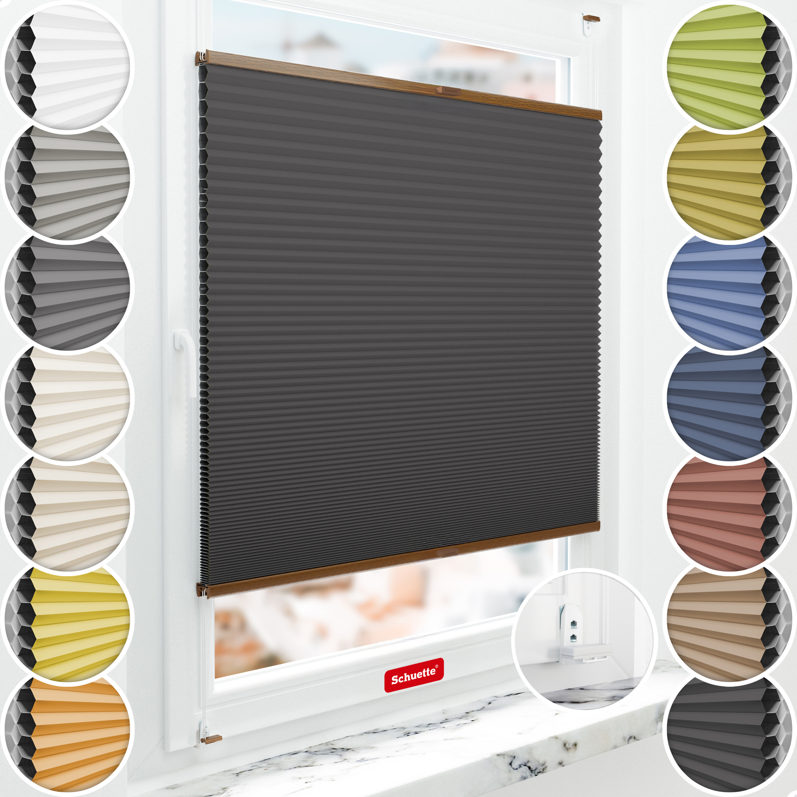 Schuette® Wabenplissee mit Bohren nach Maß • Suprafix "Double 2in1" Schraub- & Klemmhalter • Honey Kollektion: Starry Night (Schwarz) • Profilfarbe: Eiche
