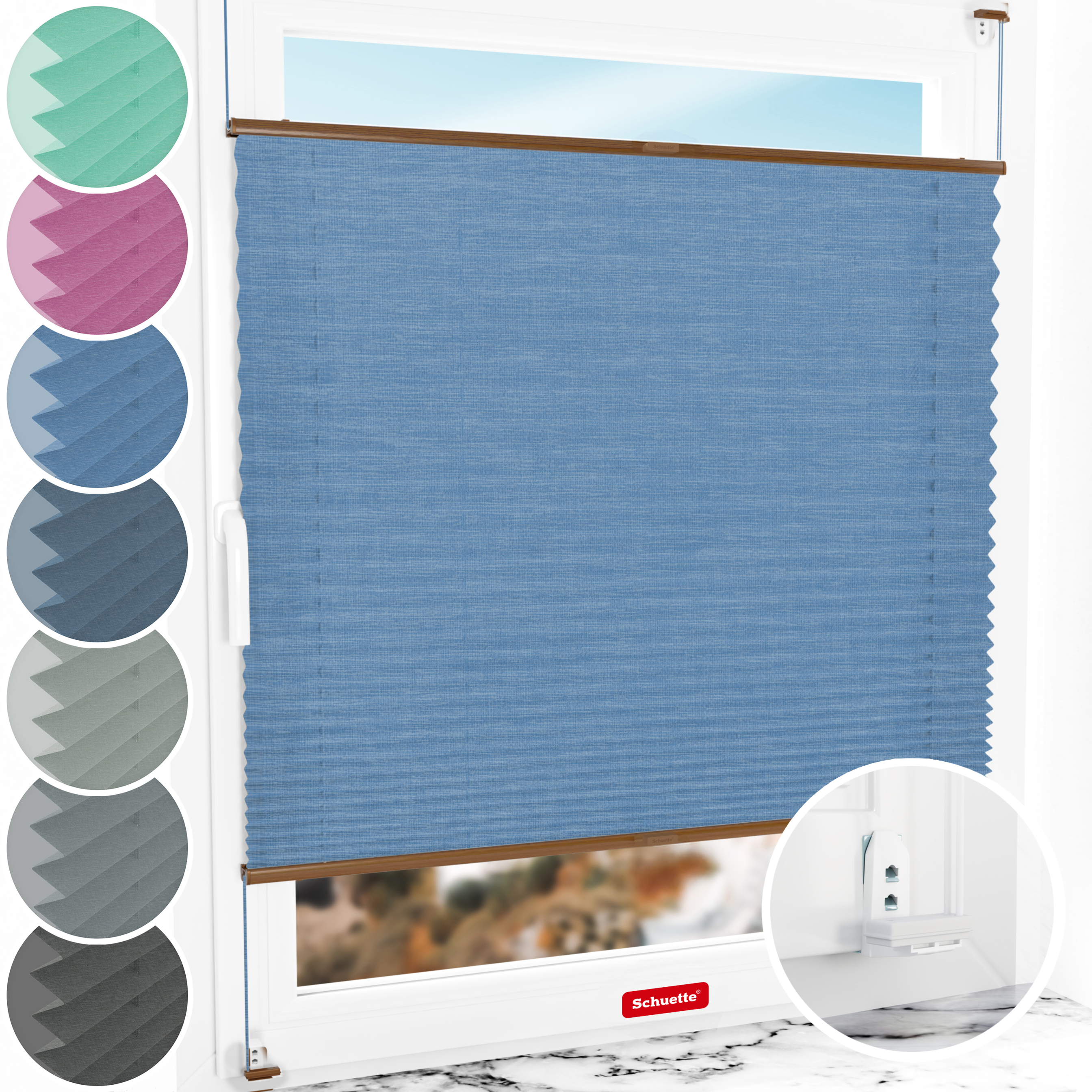 Schuette® Plissee mit Bohren nach Maß • Suprafix "Double 2in1" Schraub- & Klemmhalter • Melange Kollektion: Deep Sea (Blau) • Profilfarbe: Eiche