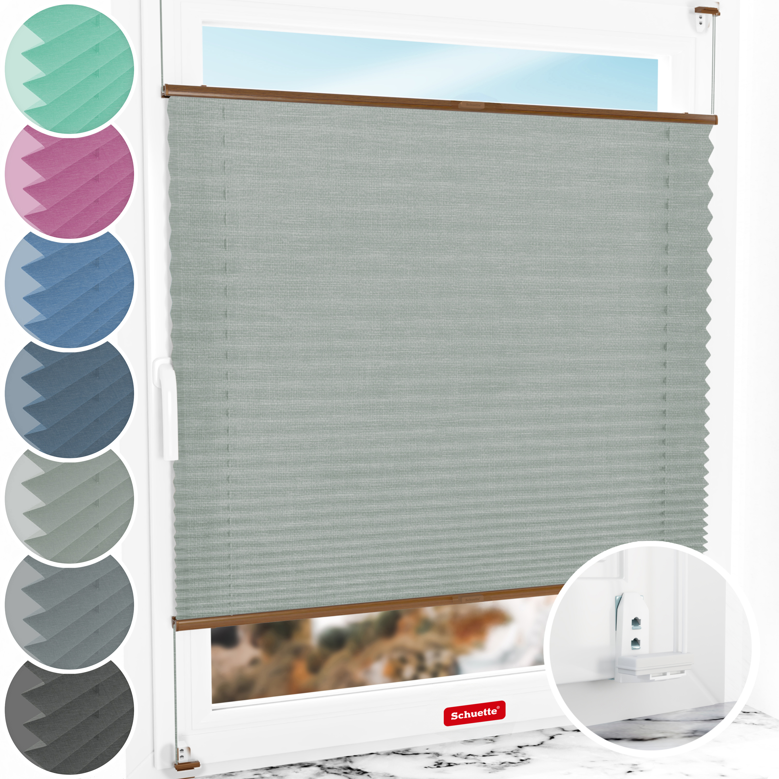 Schuette® Plissee mit Bohren nach Maß • Suprafix "Double 2in1" Schraub- & Klemmhalter • Melange Kollektion: On The Road (Grau) • Profilfarbe: Eiche