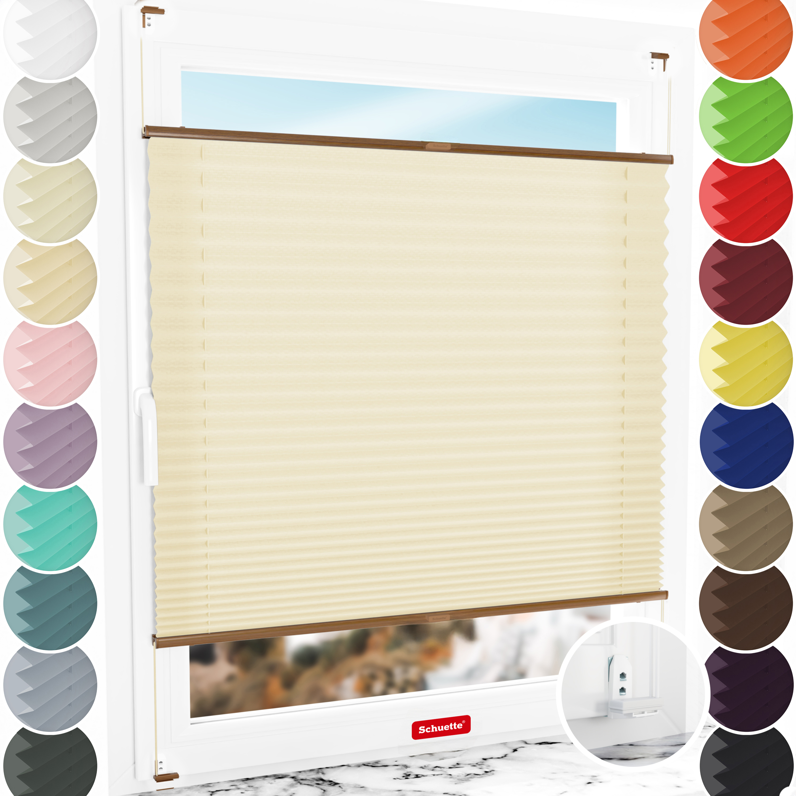 Schuette® Plissee mit Bohren nach Maß • Suprafix "Double 2in1" Schraub- & Klemmhalter • Premium Kollektion: Sahara's Sand • Profilfarbe: Eiche
