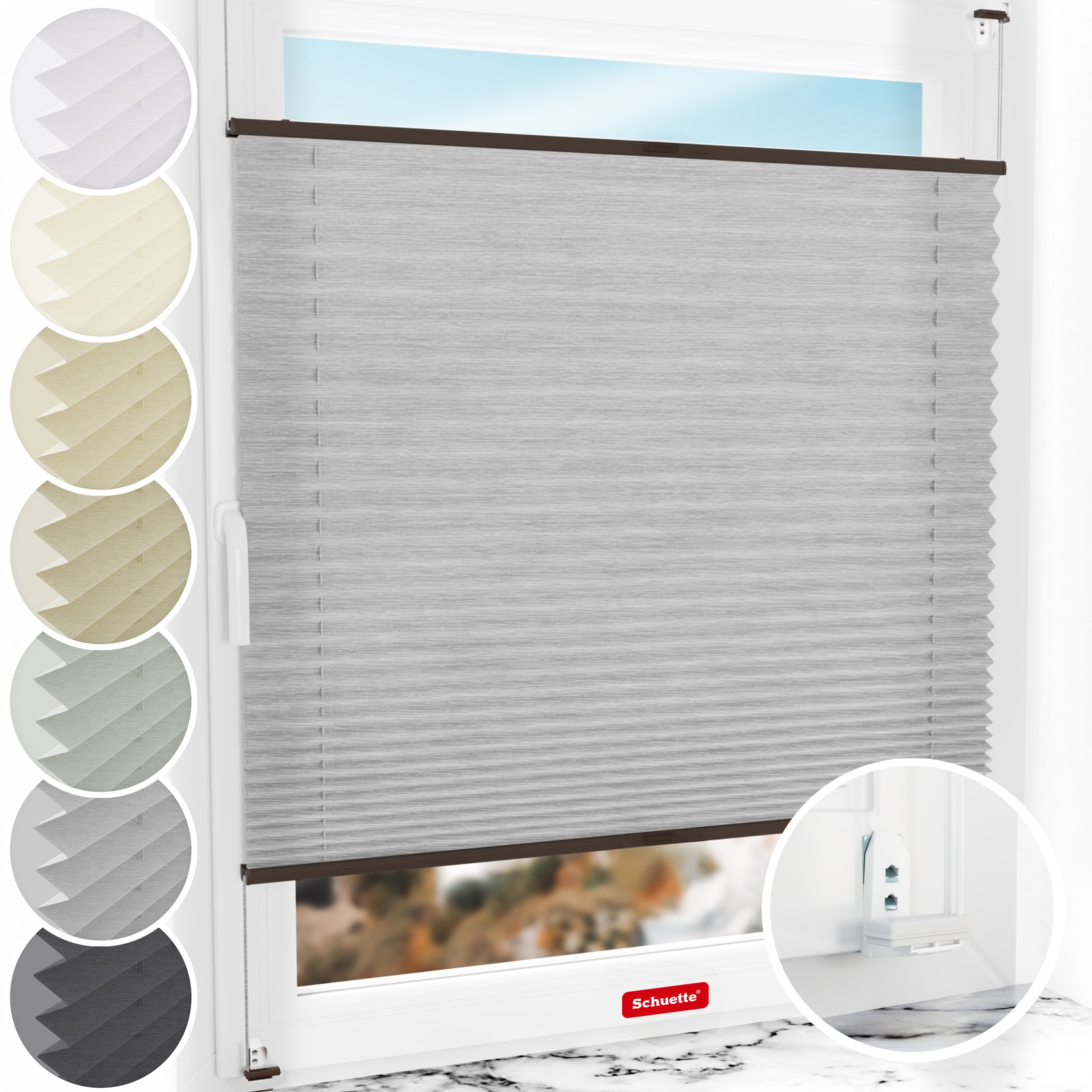 Schuette® Plissee mit Bohren nach Maß • Suprafix "Double 2in1" Schraub- & Klemmhalter • Dolomite Kollektion: Storm Gray (Grau) • Profilfarbe: Walnuss