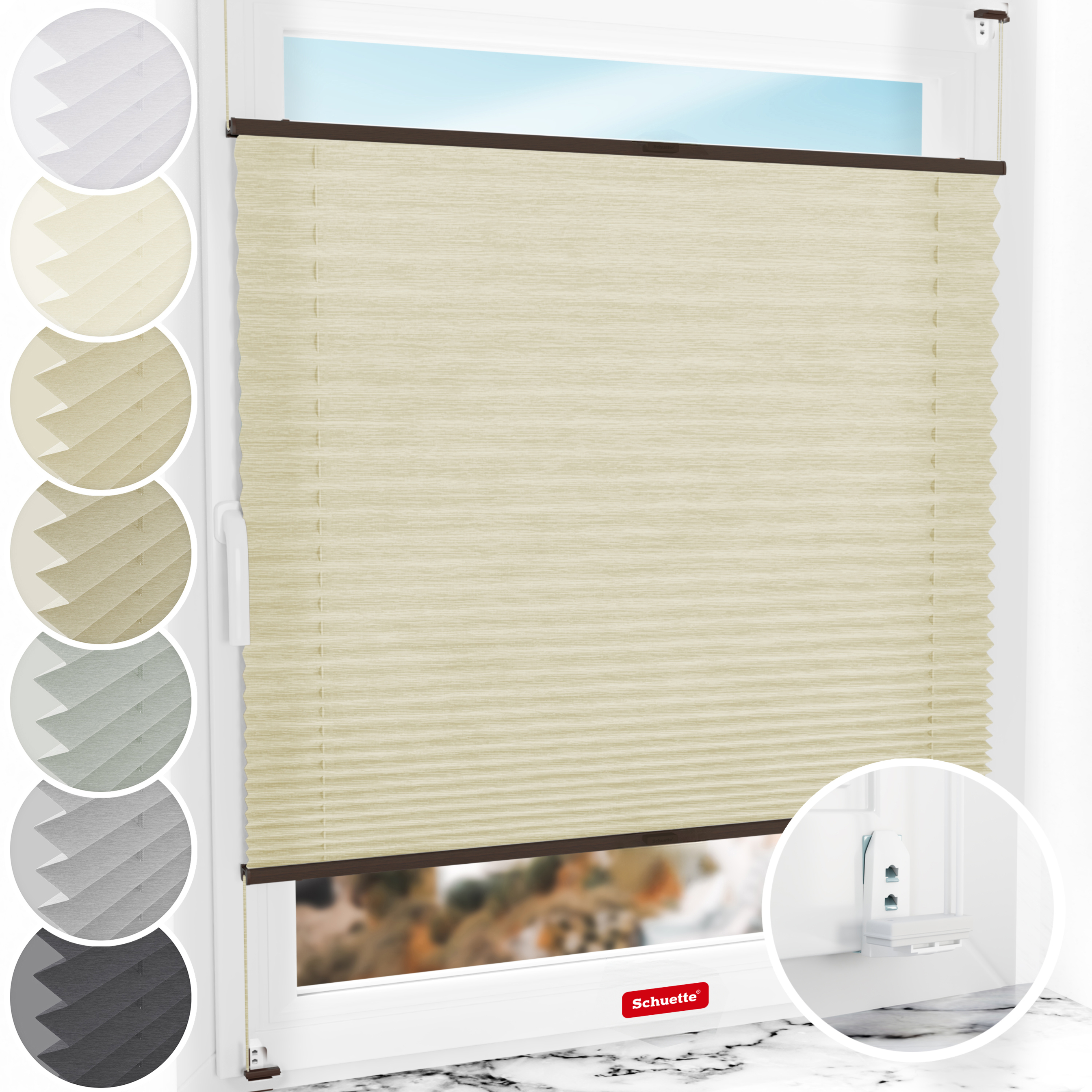 Schuette® Plissee mit Bohren nach Maß • Suprafix "Double 2in1" Schraub- & Klemmhalter • Dolomite Kollektion: Wet Stand (Beige) • Profilfarbe: Walnuss