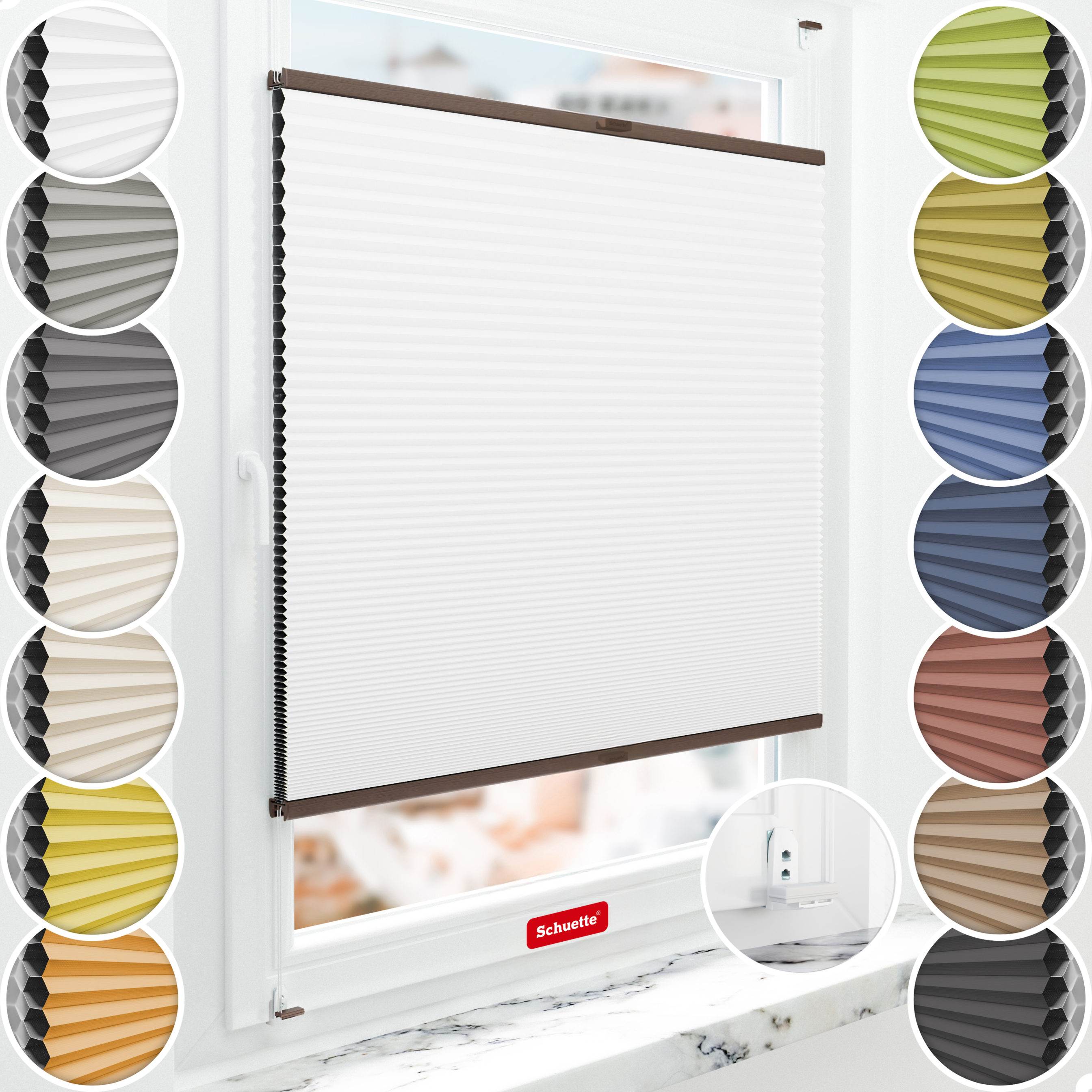 Schuette® Wabenplissee mit Bohren nach Maß • Suprafix "Double 2in1" Schraub- & Klemmhalter • Honey Kollektion: Moonlight (Weiß) • Profilfarbe: Walnuss