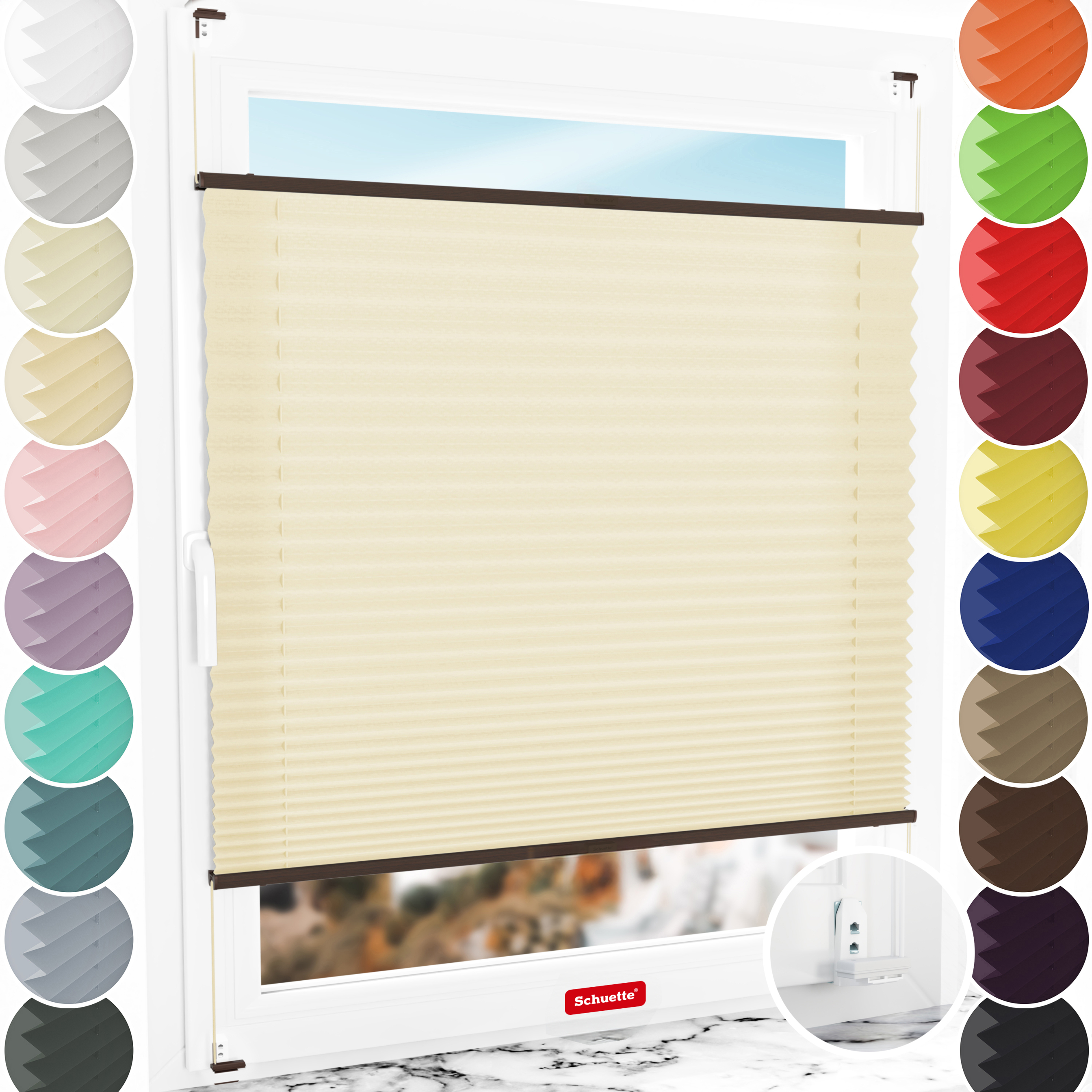 Schuette® Plissee mit Bohren nach Maß • Suprafix "Double 2in1" Schraub- & Klemmhalter • Premium Kollektion: Sahara's Sand • Profilfarbe: Walnuss