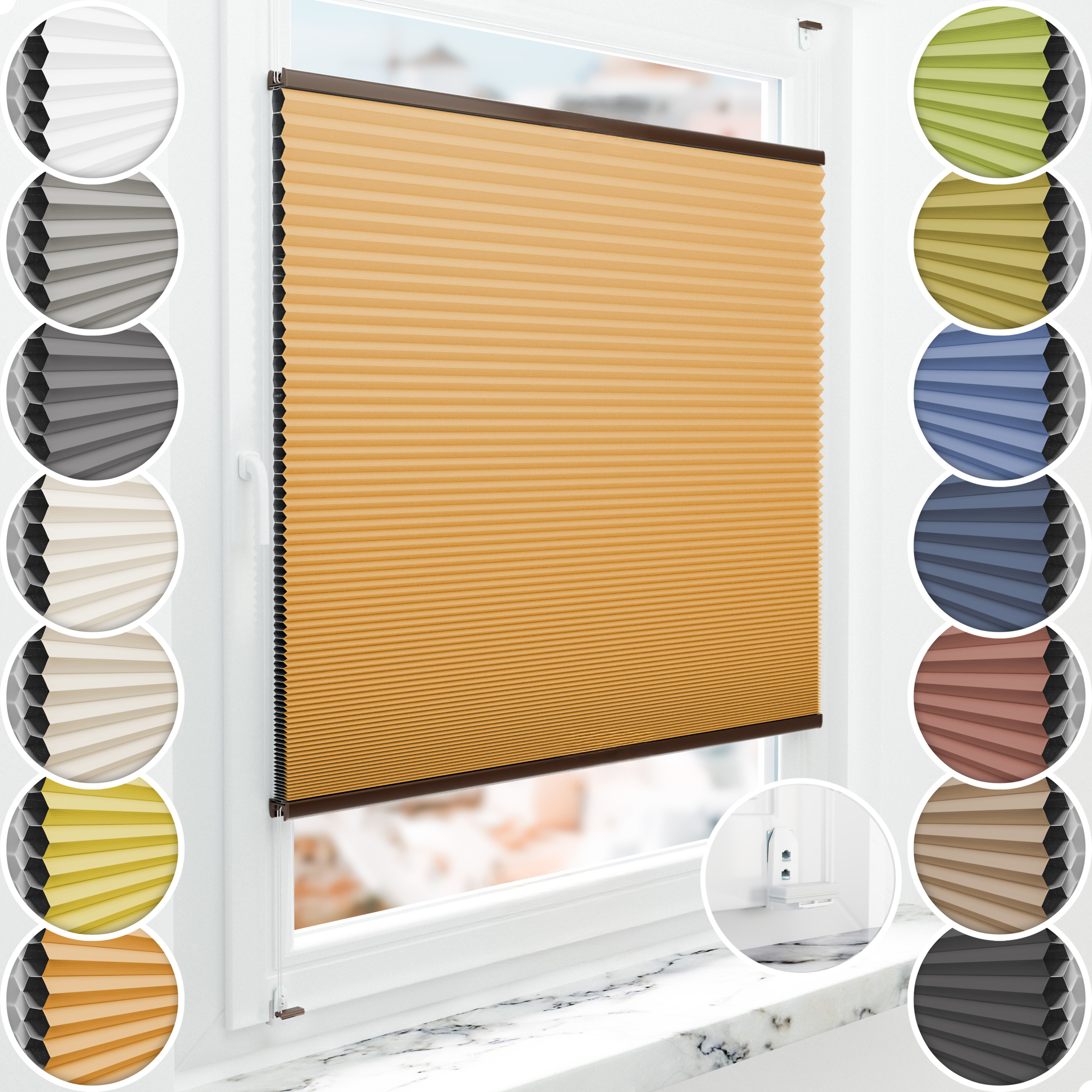 Schuette® Wabenplissee mit Bohren nach Maß • Suprafix "Double 2in1" Schraub- & Klemmhalter • Honey Kollektion: Citrus Glow (Orange) • Profilfarbe: Braun