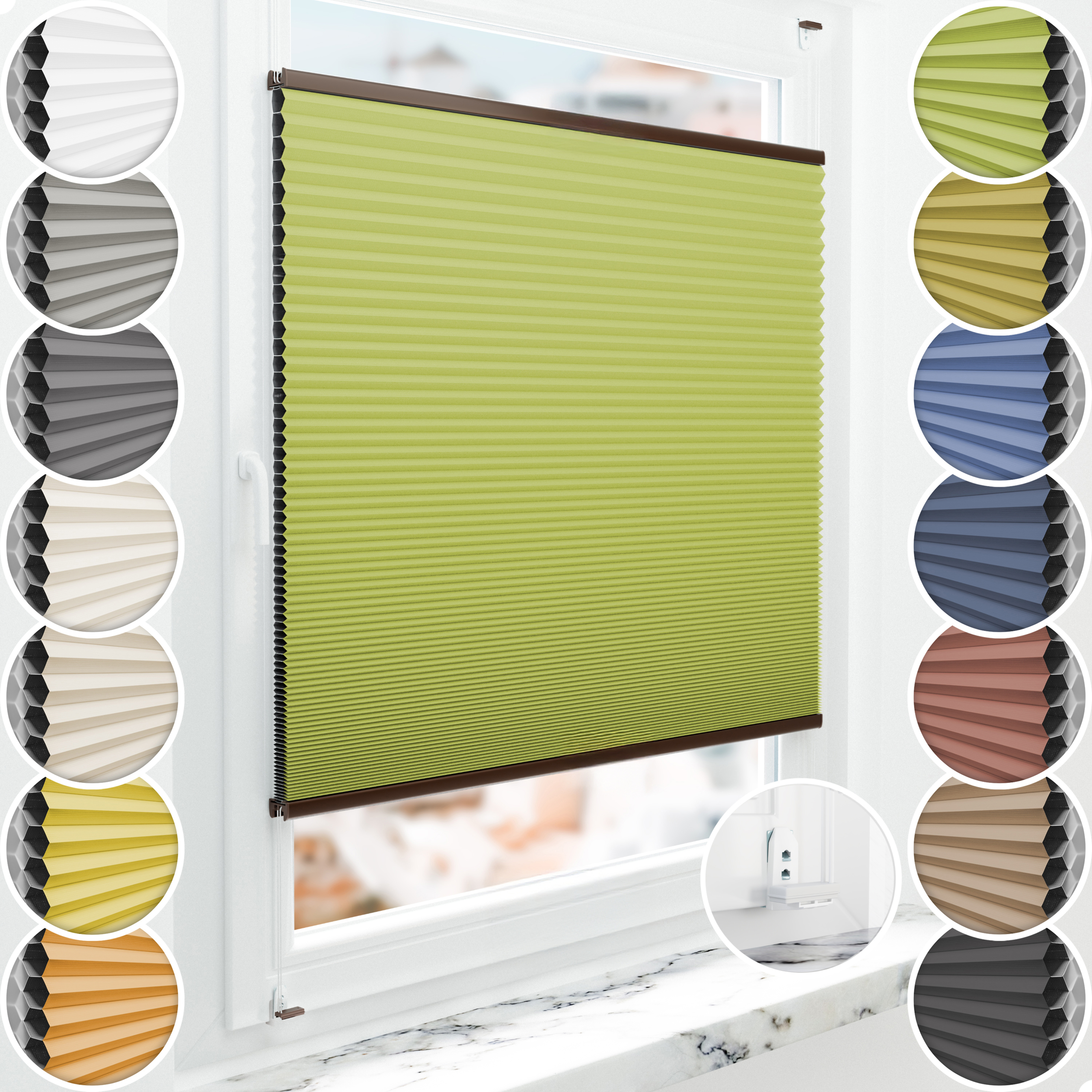 Schuette® Wabenplissee mit Bohren nach Maß • Suprafix "Double 2in1" Schraub- & Klemmhalter • Honey Kollektion: Green Tea (Grün) • Profilfarbe: Braun