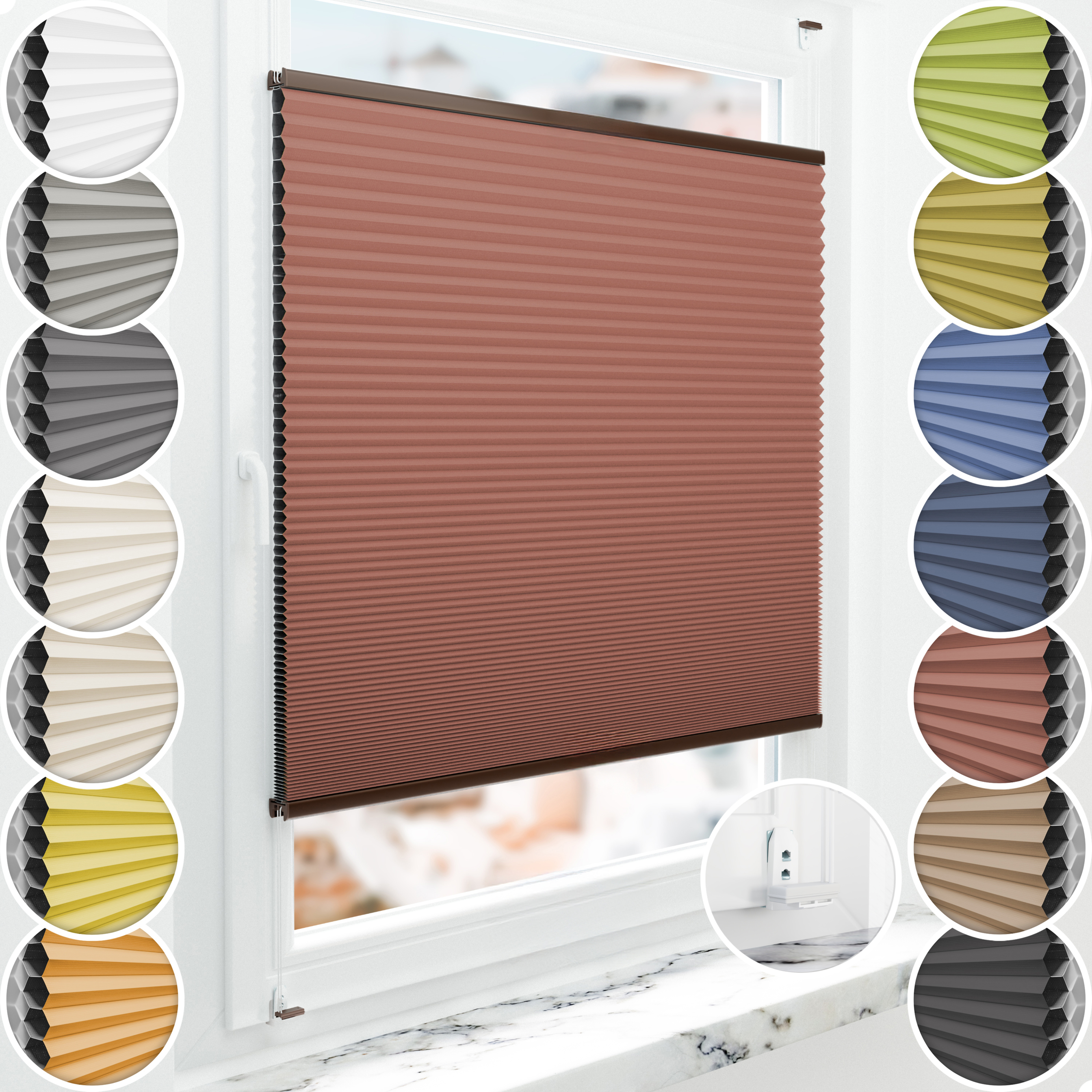 Schuette® Wabenplissee mit Bohren nach Maß • Suprafix "Double 2in1" Schraub- & Klemmhalter • Honey Kollektion: Poppy Petal (Dunkelrot) • Profilfarbe: Braun