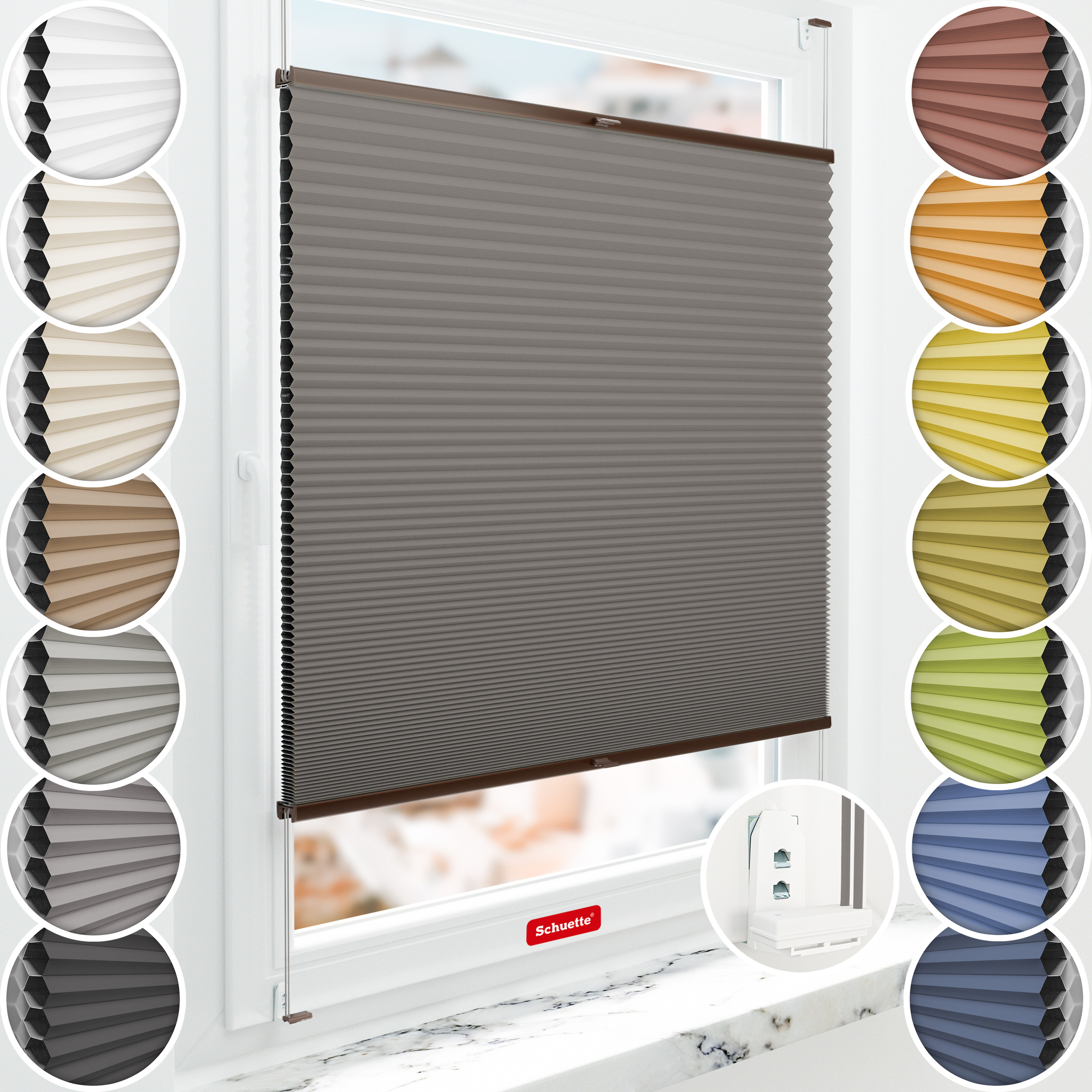 Schuette® Wabenplissee mit Bohren nach Maß • Suprafix "Double 2in1" Schraub- & Klemmhalter• Honey Kollektion: Swiss Chocolate (Taupe) • Profilfarbe: Braun