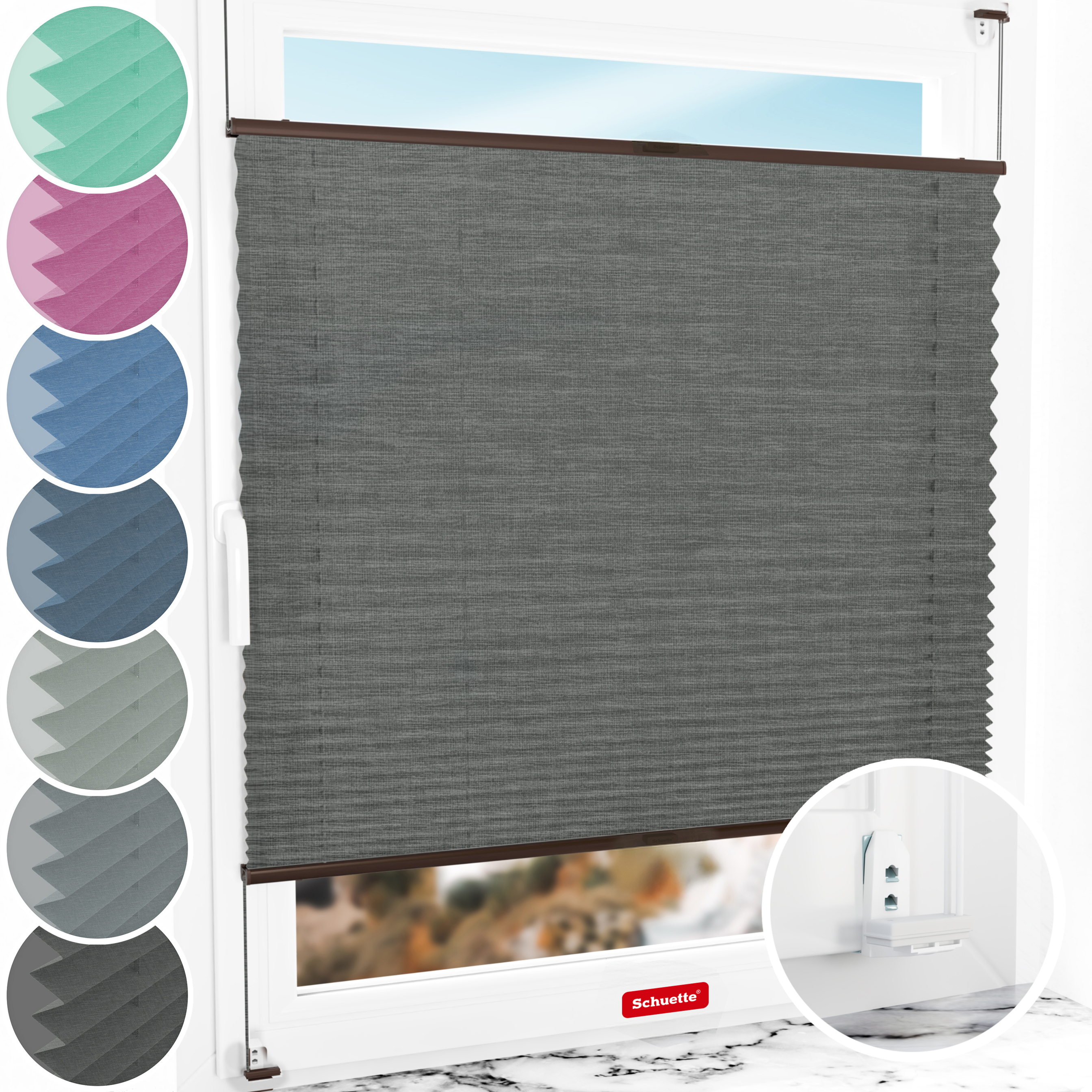 Schuette® Plissee mit Bohren nach Maß • Suprafix "Double 2in1" Schraub- & Klemmhalter • Melange Kollektion: Black Pearl (Schwarz) • Profilfarbe: Braun