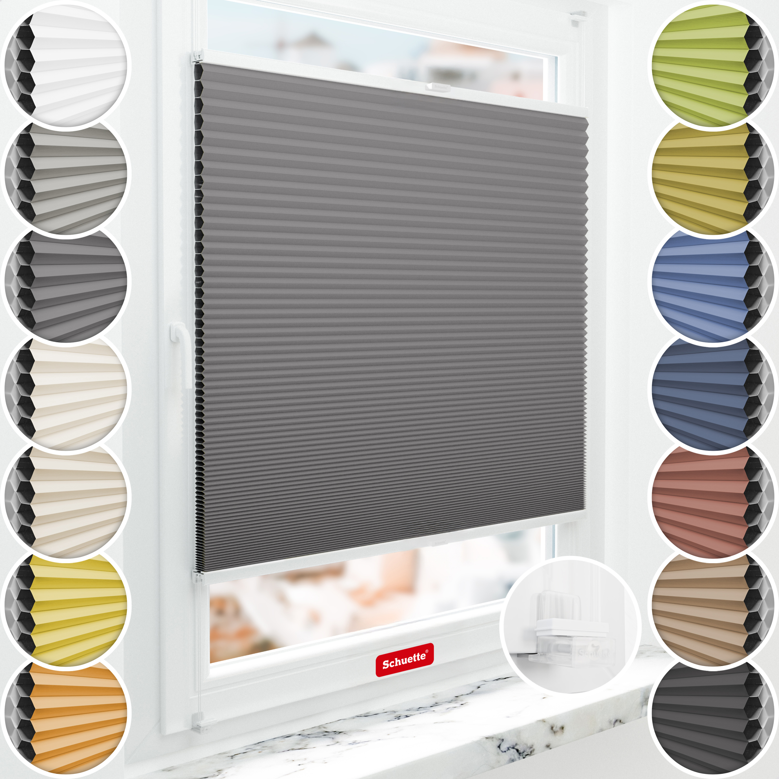 Schuette® Wabenplissee ohne Bohren nach Maß • Suprafix Klemmhalter “Incognito X" • Honey Kollektion: Twilight Tango (Grau) • Profilfarbe: Weiß
