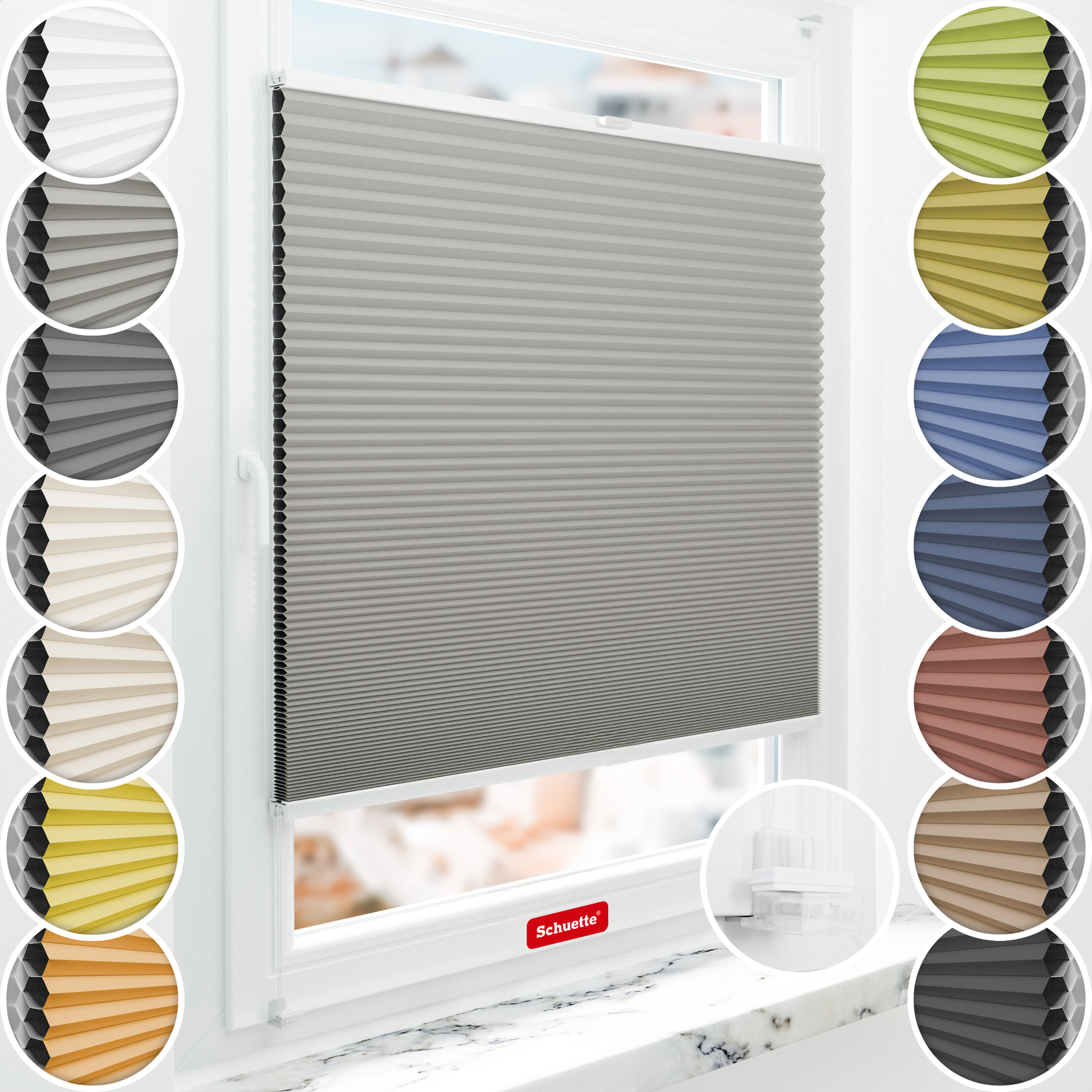 Schuette® Wabenplissee ohne Bohren nach Maß • Suprafix Klemmhalter “Incognito X" • Honey Kollektion: Silver Mist (Grau) • Profilfarbe: Weiß