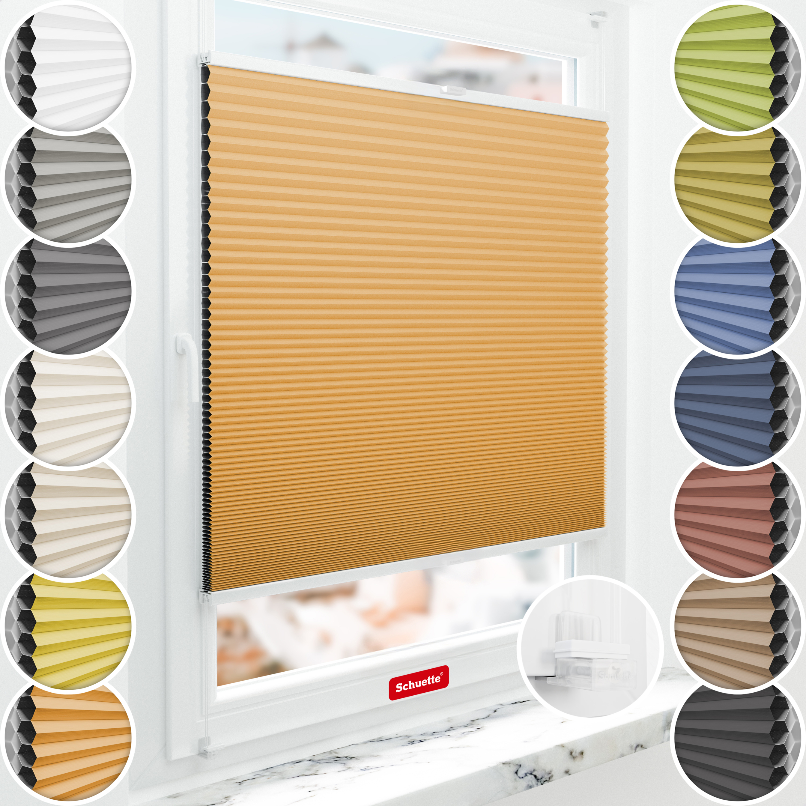 Schuette® Wabenplissee ohne Bohren nach Maß • Suprafix Klemmhalter “Incognito X" • Honey Kollektion: Citrus Glow (Orange) • Profilfarbe: Weiß