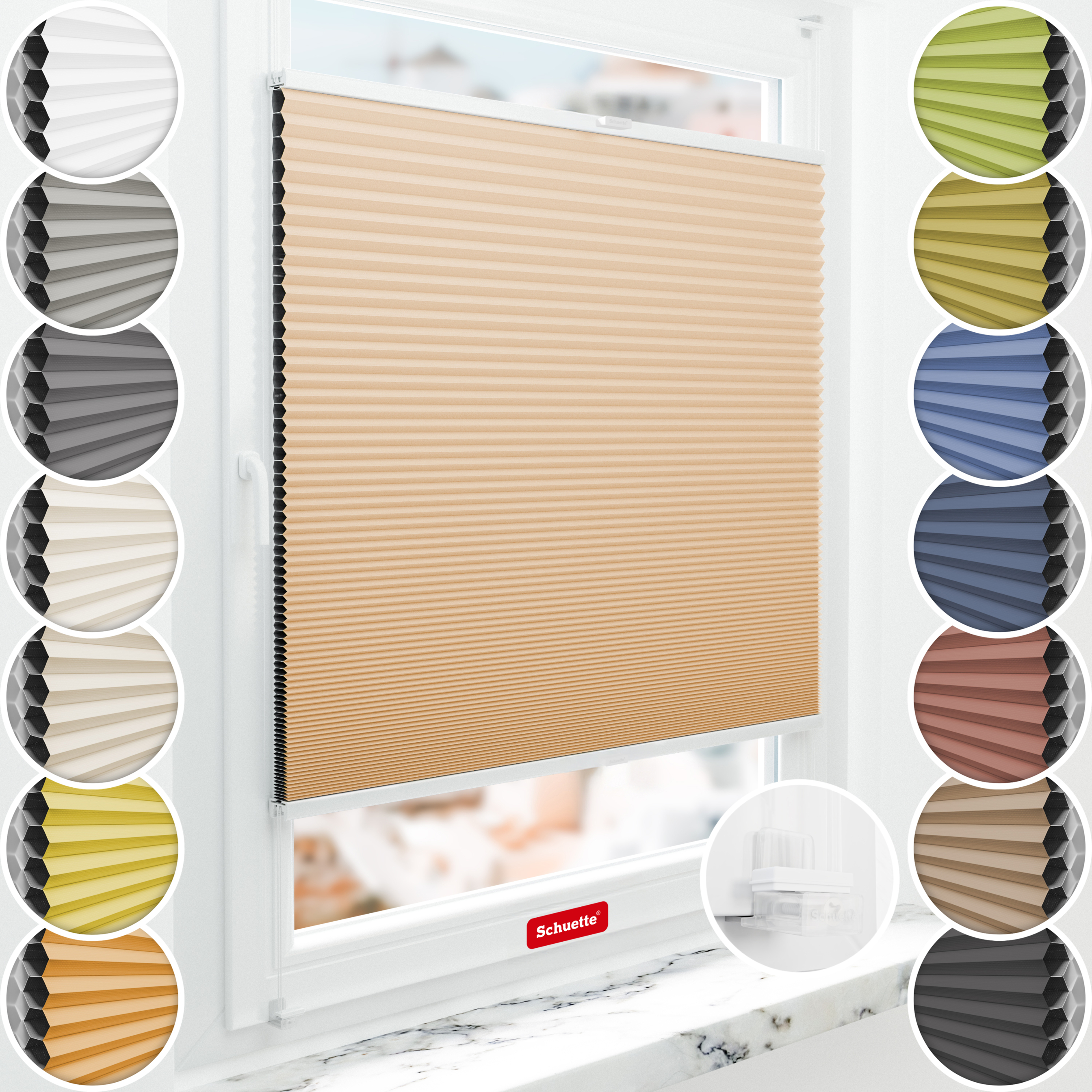 Schuette® Wabenplissee ohne Bohren nach Maß • Suprafix Klemmhalter “Incognito X" • Honey Kollektion: Honeywood (Sand) • Profilfarbe: Weiß