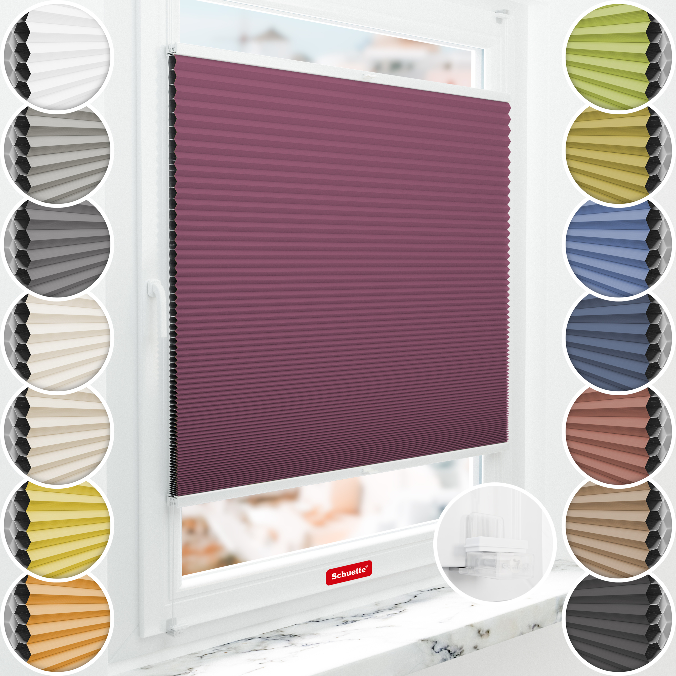Schuette® Wabenplissee ohne Bohren nach Maß • Suprafix Klemmhalter “Incognito X" • Honey Kollektion: Red Velvet (Purpurrot) • Profilfarbe: Weiß