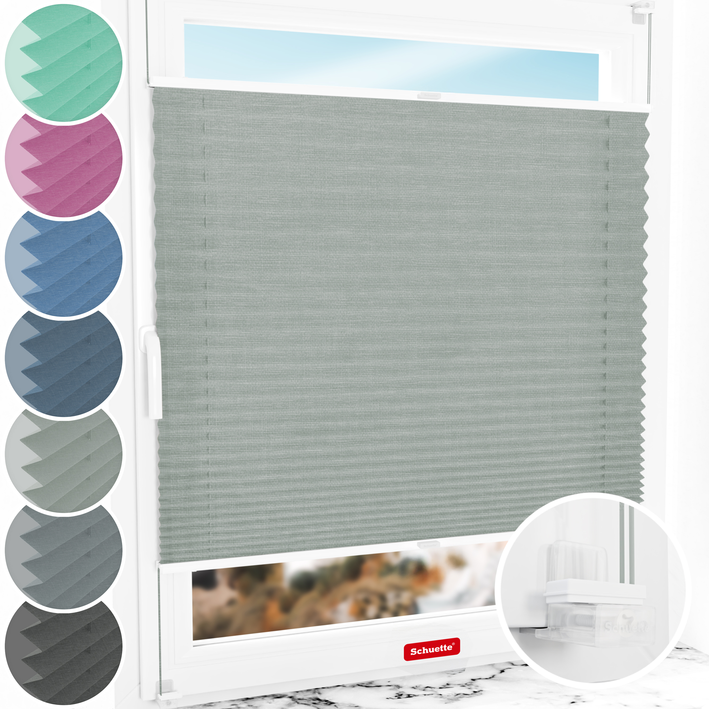 Schuette® Plissee ohne Bohren nach Maß • Suprafix Klemmhalter “Incognito X" • Melange Kollektion: On The Road (Grau) • Profilfarbe: Weiß
