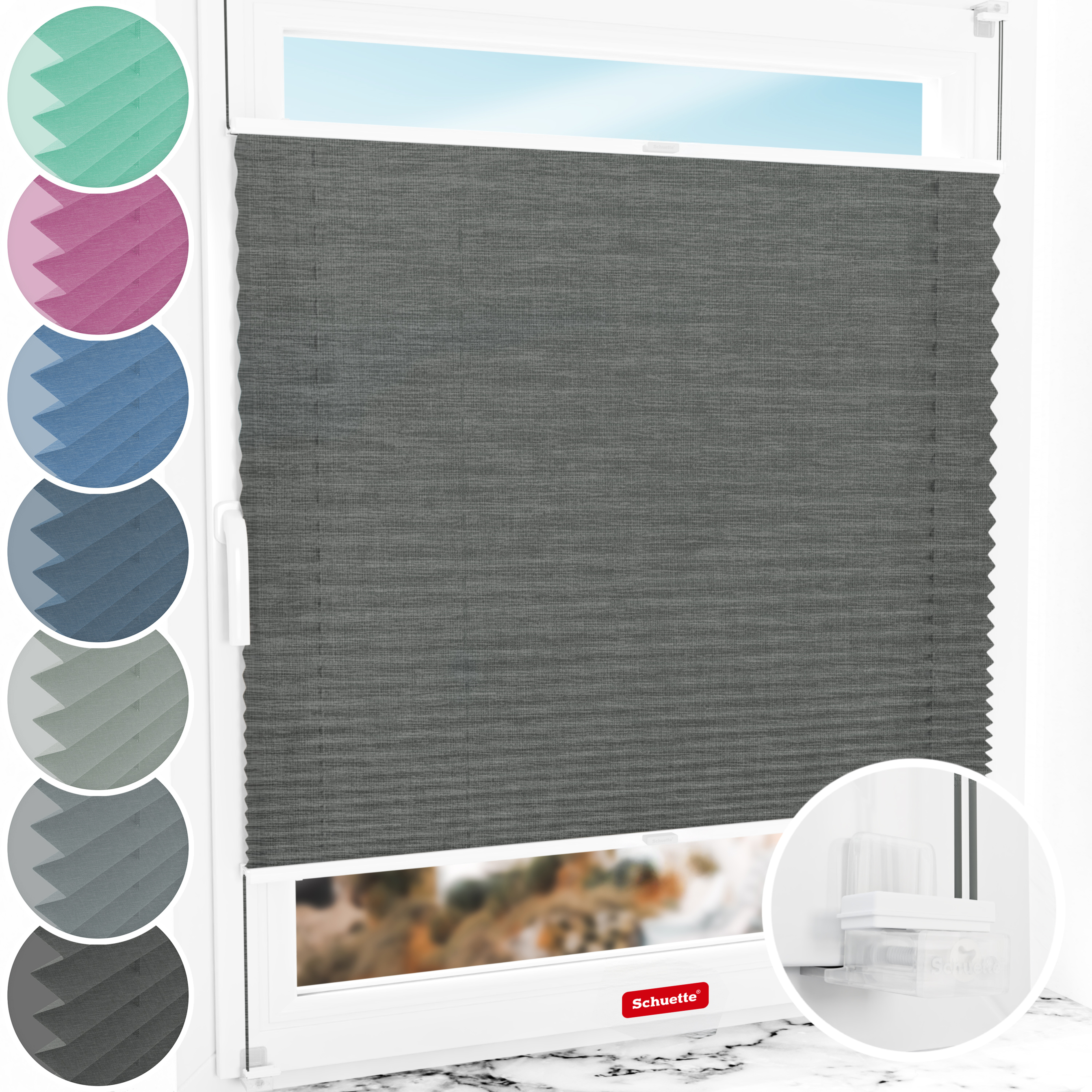 Schuette® Plissee ohne Bohren nach Maß • Suprafix Klemmhalter “Incognito X" • Melange Kollektion: Black Pearl (Schwarz) • Profilfarbe: Weiß